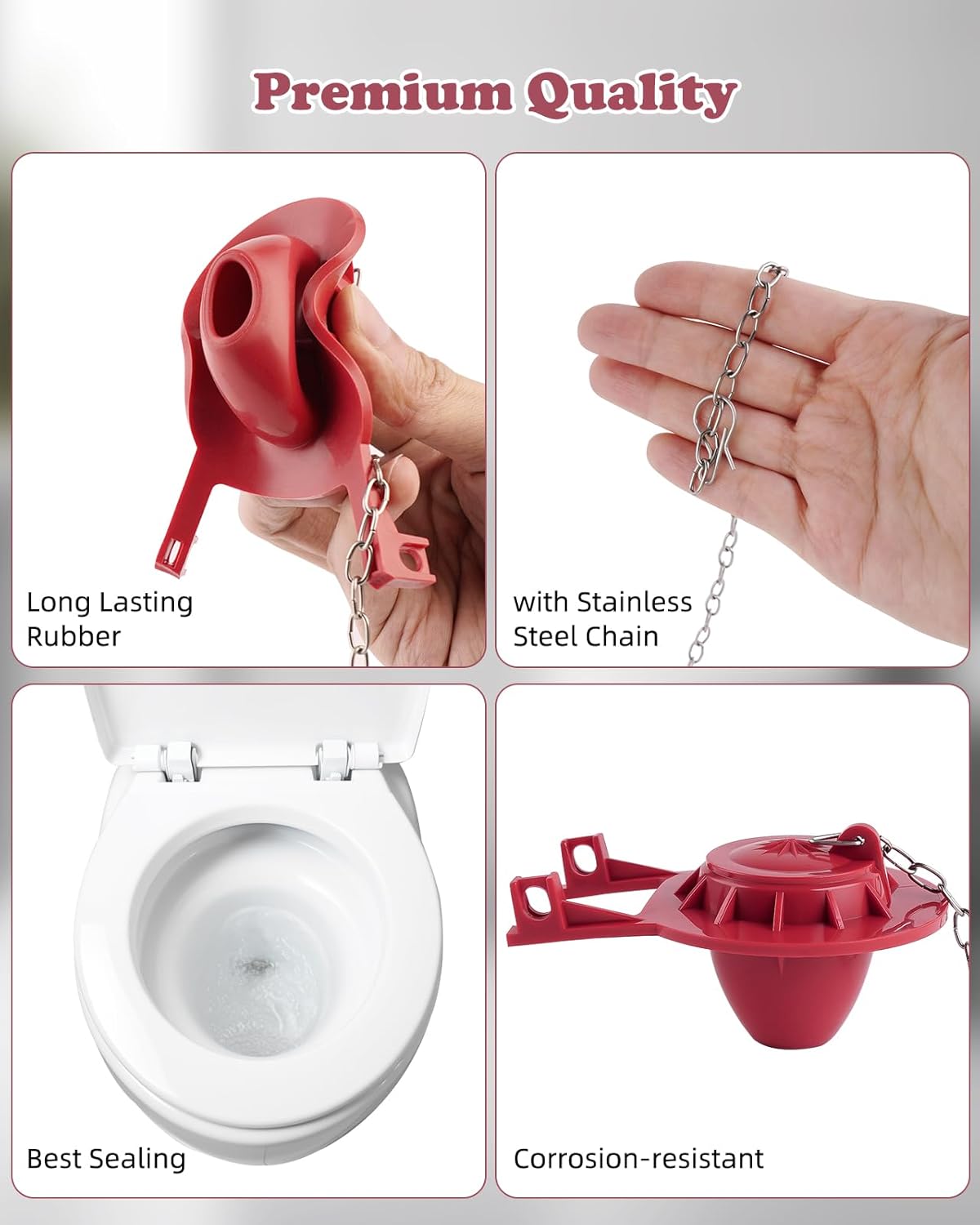 Universal Front Mount Toilet Handle Replacement Kit with 2-inch Universal Toilet Flapper, Stainless Steel Flapper Chains, Chrome Finish Toilet Trip Lever and Red Toilet Flapper Replacement Kit - Image 4