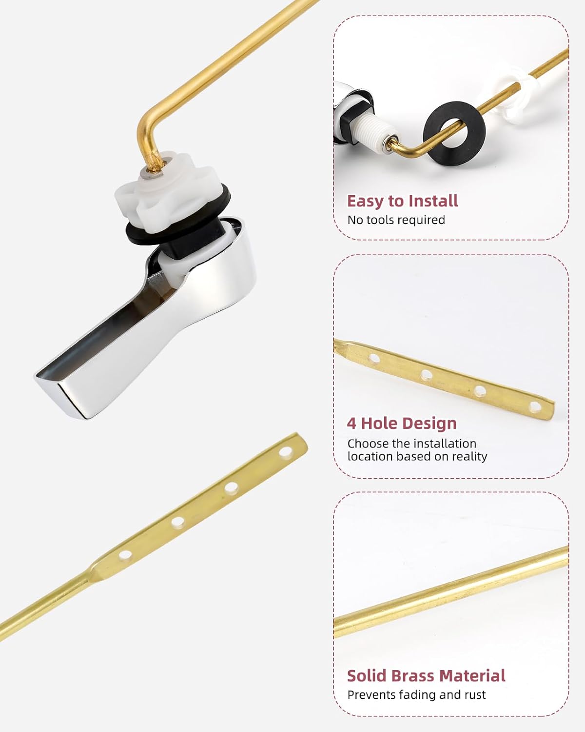 Universal Front Mount Toilet Handle Replacement Kit with 2-inch Universal Toilet Flapper, Stainless Steel Flapper Chains, Chrome Finish Toilet Trip Lever and Red Toilet Flapper Replacement Kit - Image 5