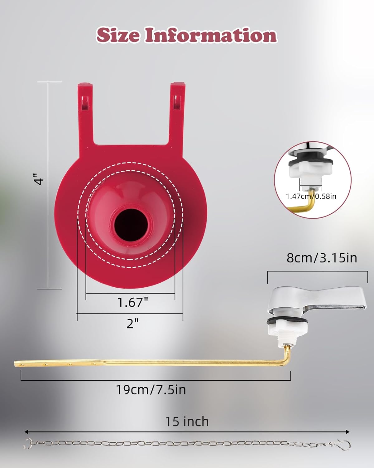 Universal Front Mount Toilet Handle Replacement Kit with 2-inch Universal Toilet Flapper, Stainless Steel Flapper Chains, Chrome Finish Toilet Trip Lever and Red Toilet Flapper Replacement Kit - Image 6