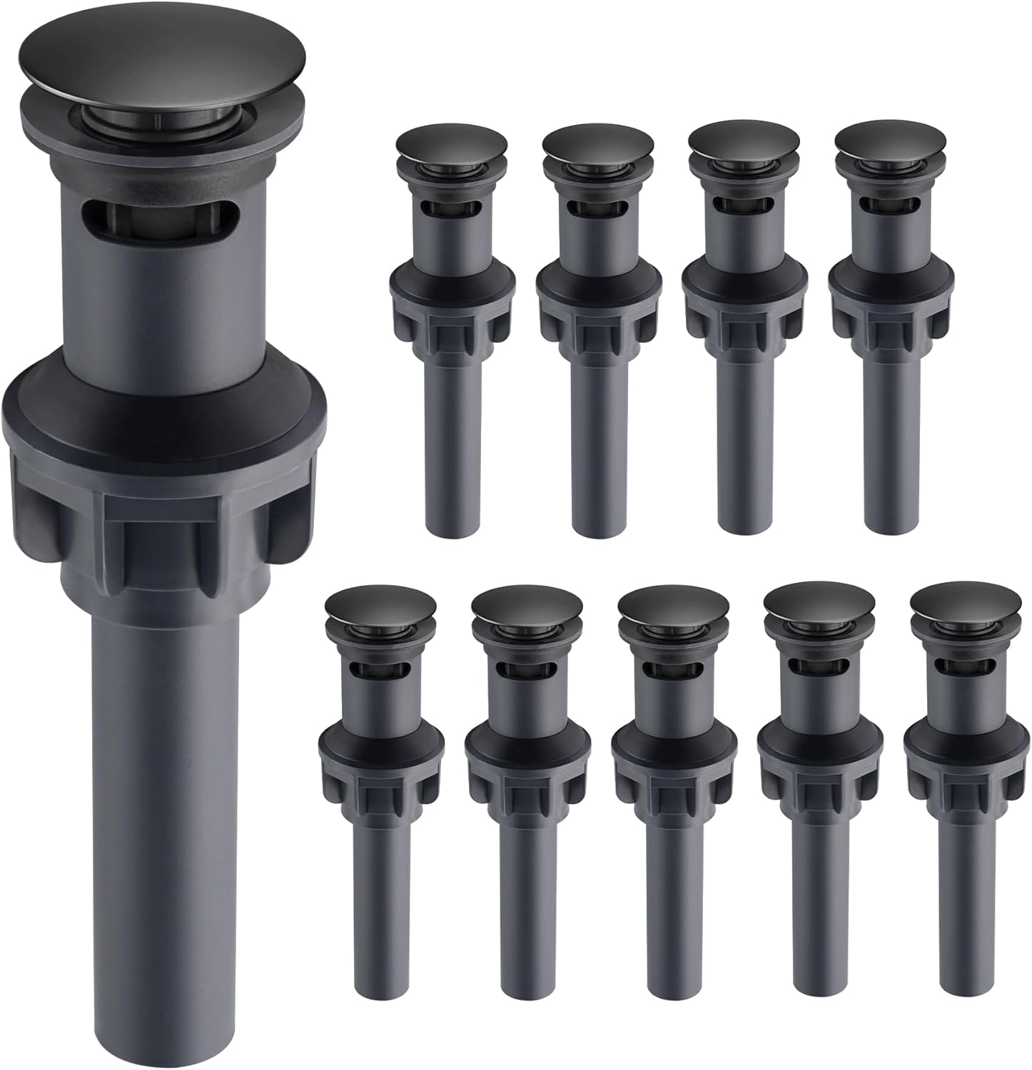 10 Pack Universal Bathroom Sink Drain Stopper, Pop Up Drain Strainer with Overflow, Push and Seal Sink Plug with Basket for Lavatory Vanity Vessel, Anti-Clogging Strainer, Matte Black - Image 1