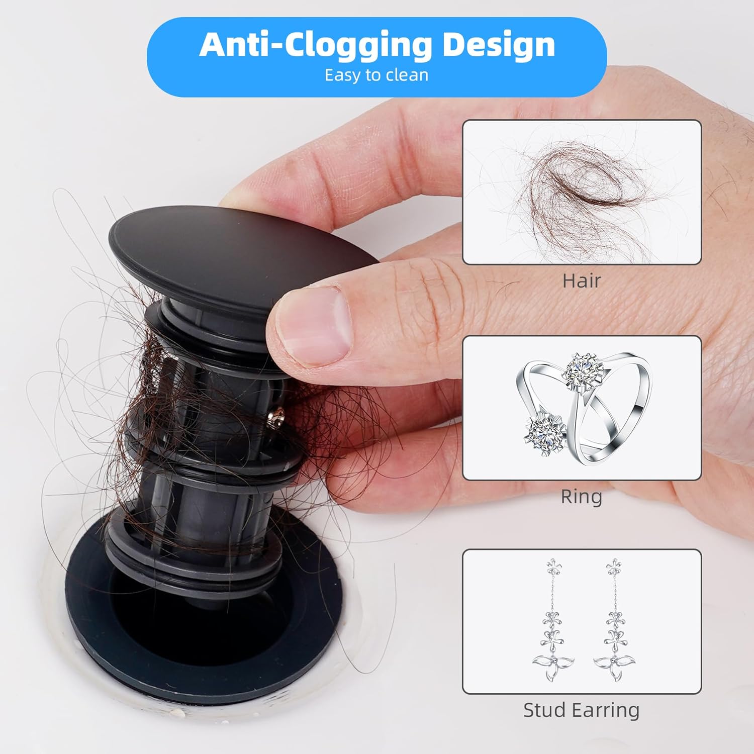 10 Pack Universal Bathroom Sink Drain Stopper, Pop Up Drain Strainer with Overflow, Push and Seal Sink Plug with Basket for Lavatory Vanity Vessel, Anti-Clogging Strainer, Matte Black - Image 3