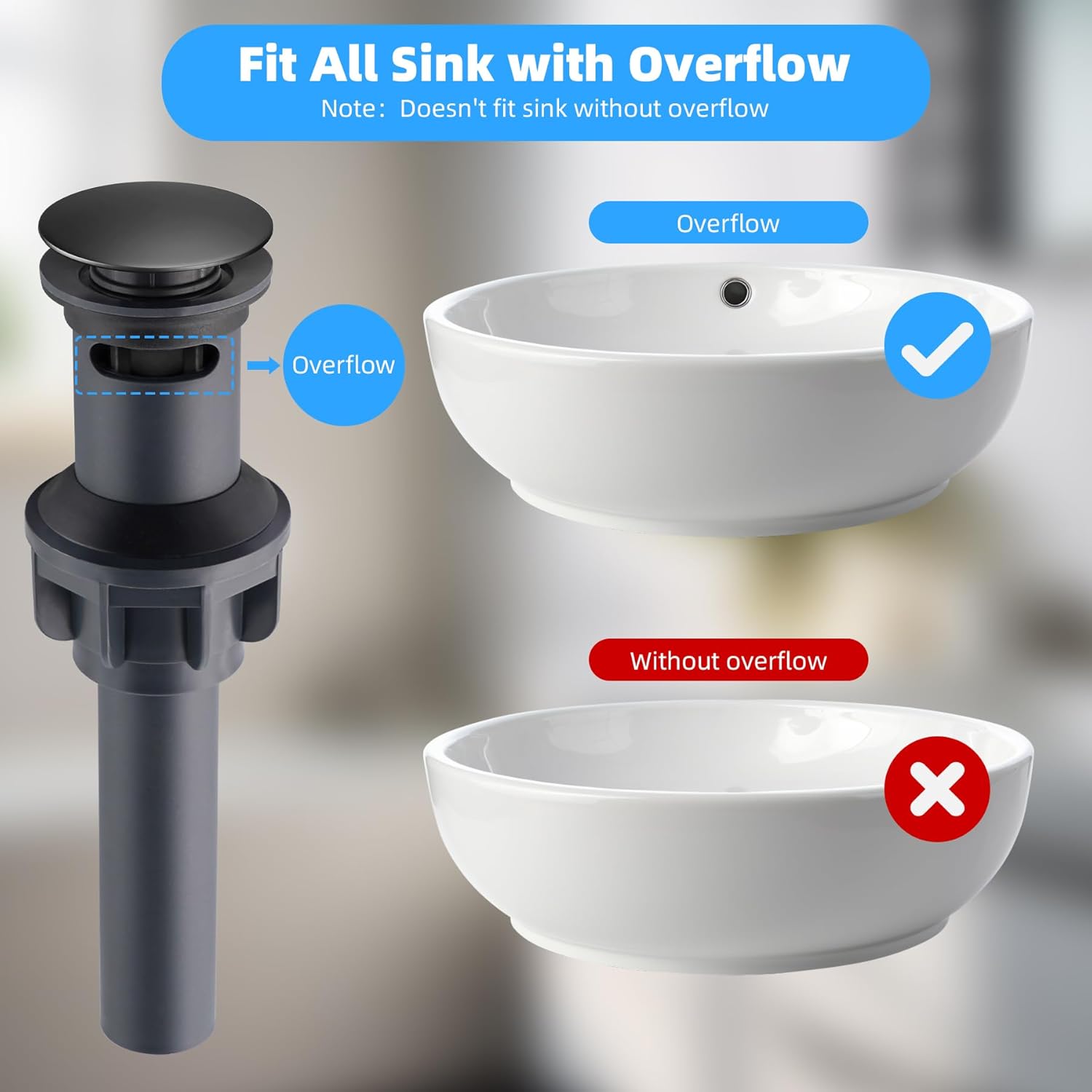 10 Pack Universal Bathroom Sink Drain Stopper, Pop Up Drain Strainer with Overflow, Push and Seal Sink Plug with Basket for Lavatory Vanity Vessel, Anti-Clogging Strainer, Matte Black - Image 5