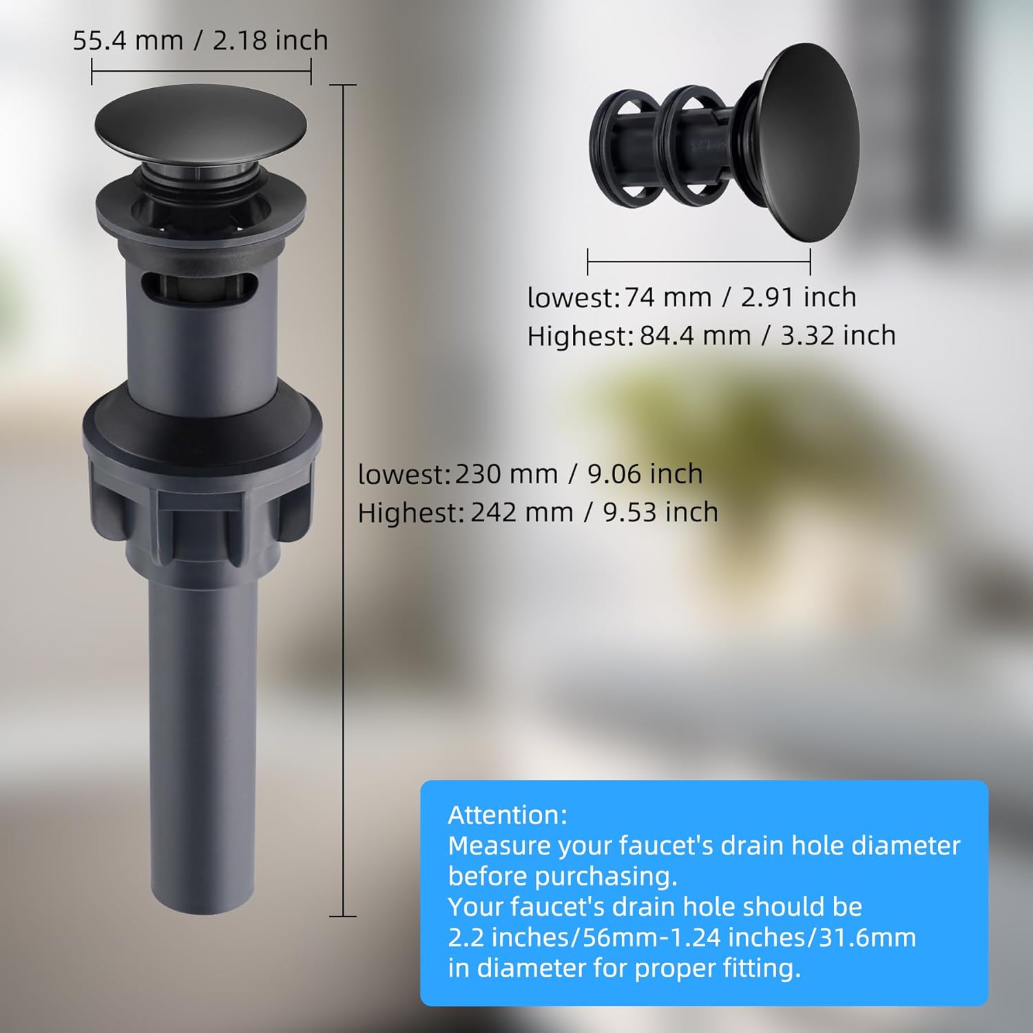 10 Pack Universal Bathroom Sink Drain Stopper, Pop Up Drain Strainer with Overflow, Push and Seal Sink Plug with Basket for Lavatory Vanity Vessel, Anti-Clogging Strainer, Matte Black - Image 8