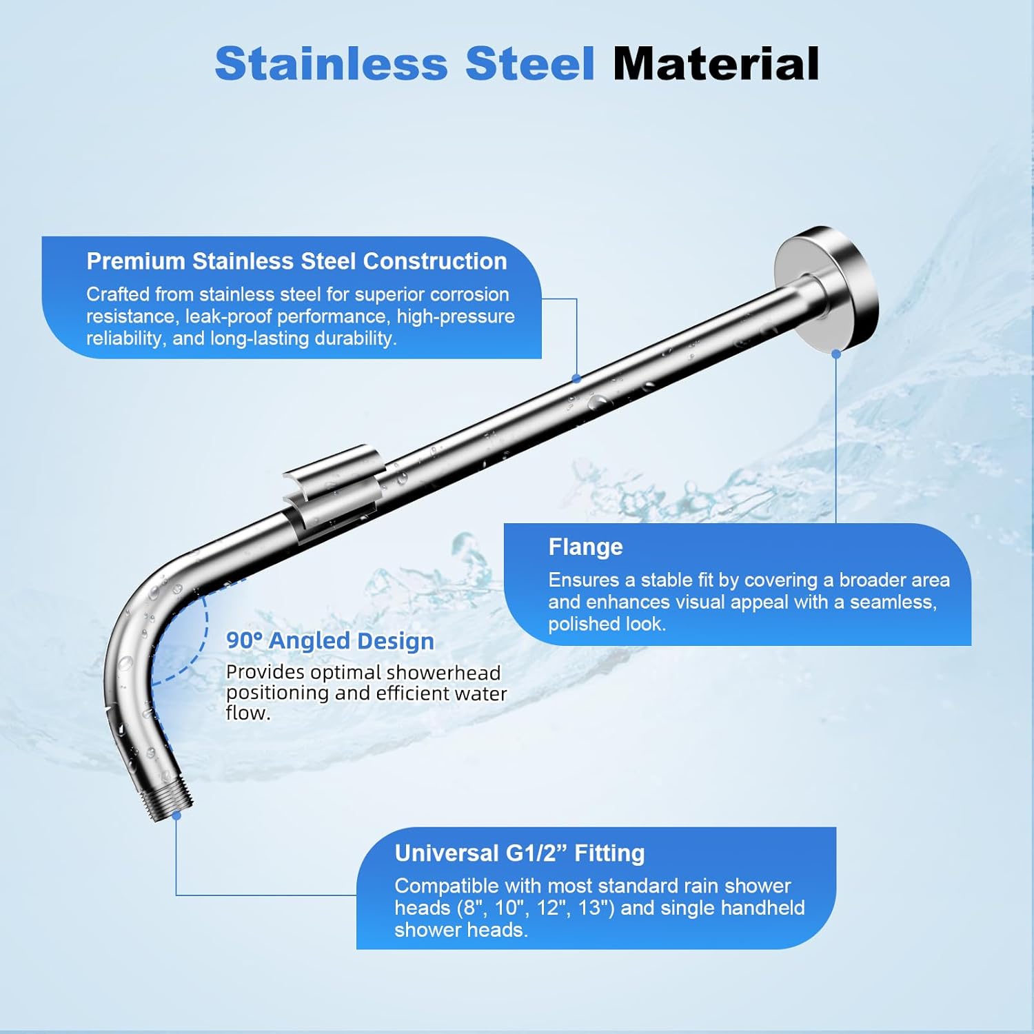 16 Inch All Metal Shower Extension Arm, Extra Long Extender with Flange, Stainless Steel Rainfall Shower Arm Water Outlet, Wall Mounted Shower Head Extender, Chrome - Image 2