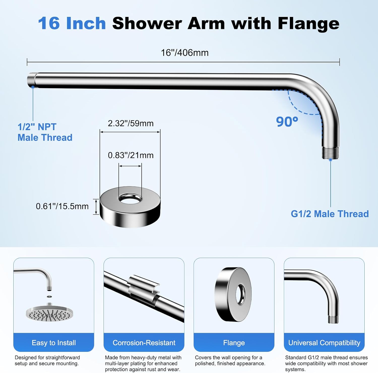 16 Inch All Metal Shower Extension Arm, Extra Long Extender with Flange, Stainless Steel Rainfall Shower Arm Water Outlet, Wall Mounted Shower Head Extender, Chrome - Image 3