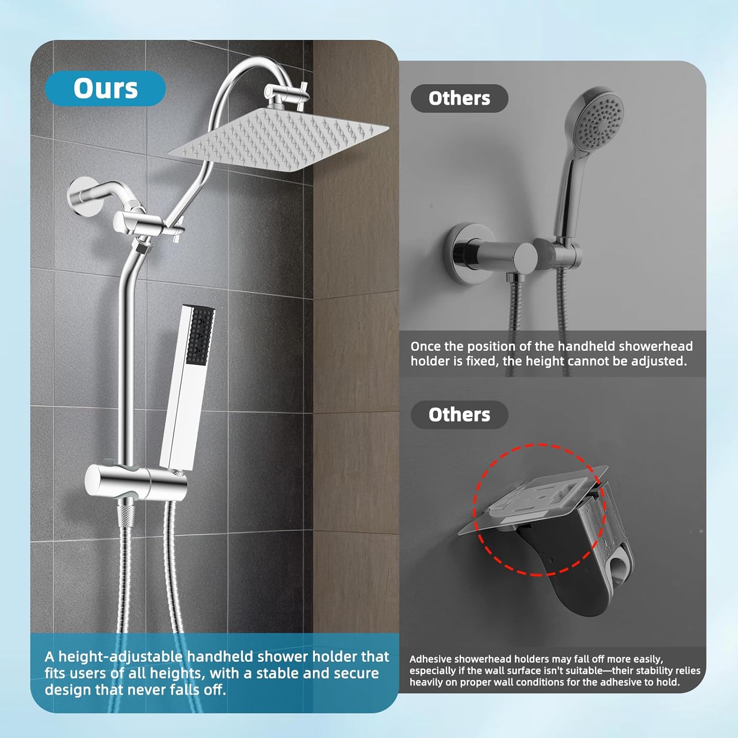 Shower Slide Bar with Handheld Shower Head Holder, Stainless Steel Shower Arm Extension Sliding Bar, Height & Angle Adjustment Showerhead Holder, Chrome - Image 2