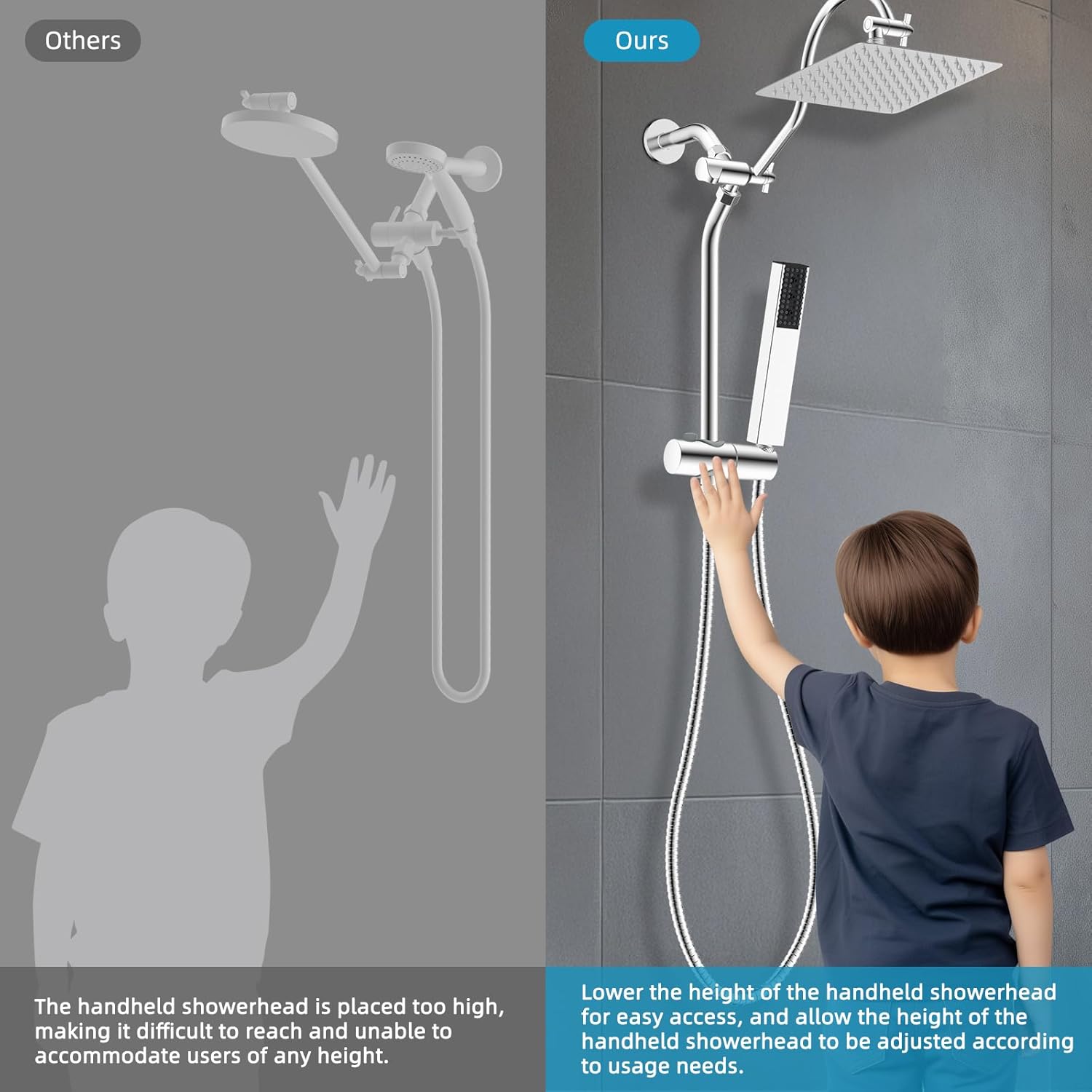 Shower Slide Bar with Handheld Shower Head Holder, Stainless Steel Shower Arm Extension Sliding Bar, Height & Angle Adjustment Showerhead Holder, Chrome - Image 3