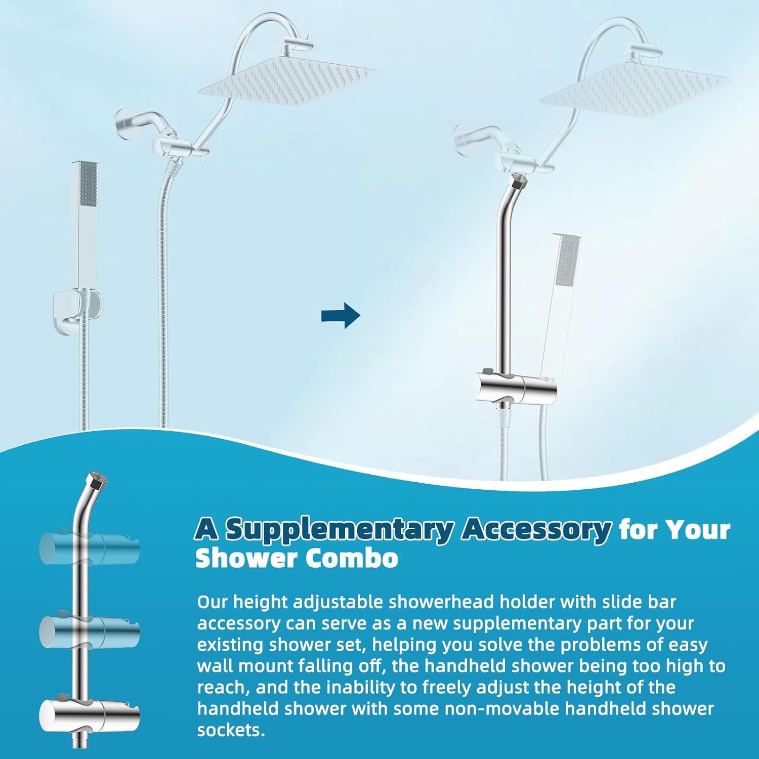 Shower Slide Bar with Handheld Shower Head Holder, Stainless Steel Shower Arm Extension Sliding Bar, Height & Angle Adjustment Showerhead Holder, Chrome - Image 4
