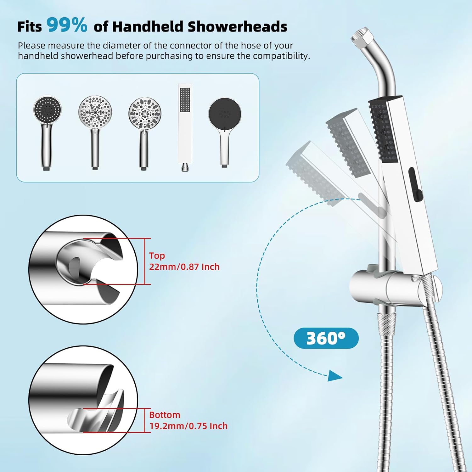 Shower Slide Bar with Handheld Shower Head Holder, Stainless Steel Shower Arm Extension Sliding Bar, Height & Angle Adjustment Showerhead Holder, Chrome - Image 5