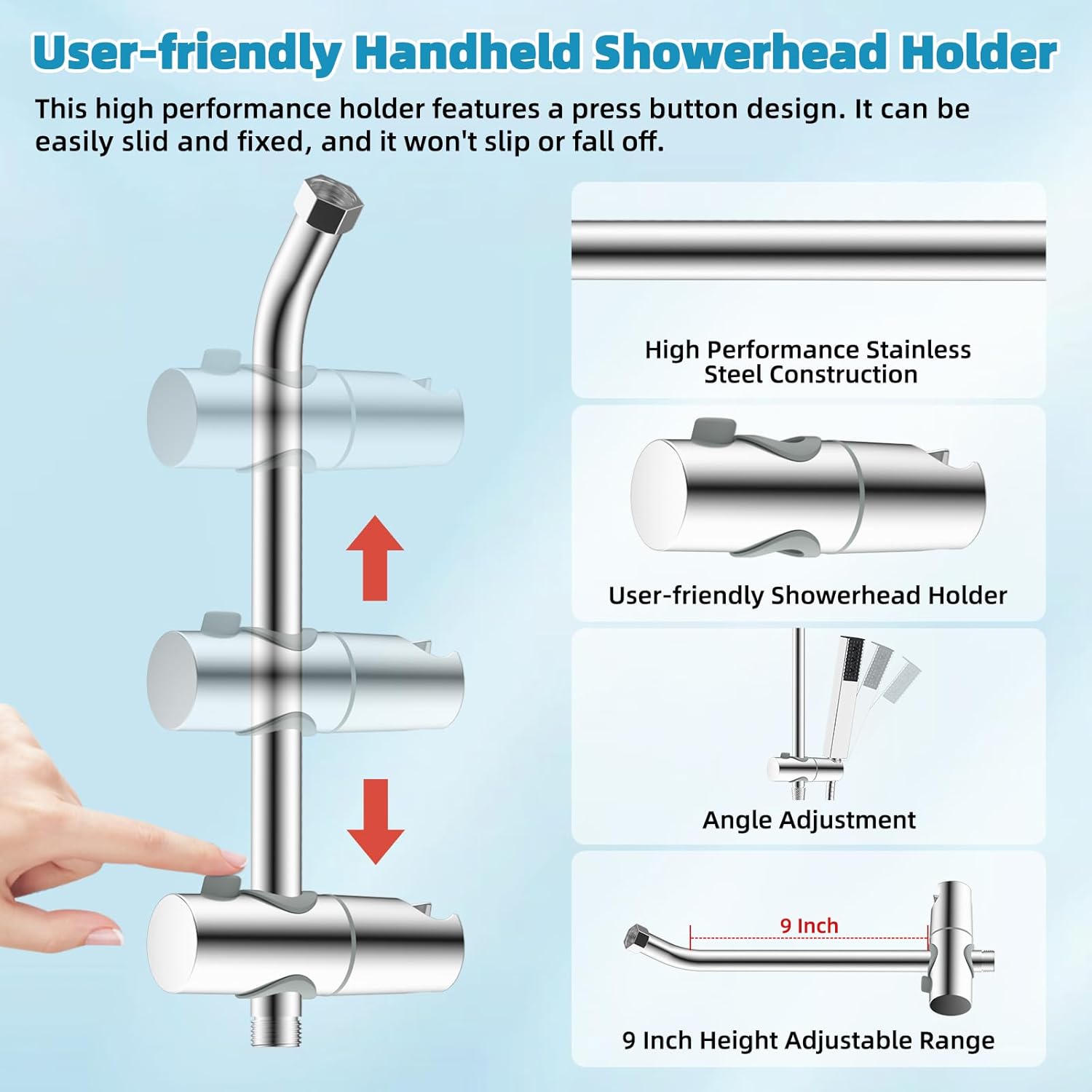 Shower Slide Bar with Handheld Shower Head Holder, Stainless Steel Shower Arm Extension Sliding Bar, Height & Angle Adjustment Showerhead Holder, Chrome - Image 6