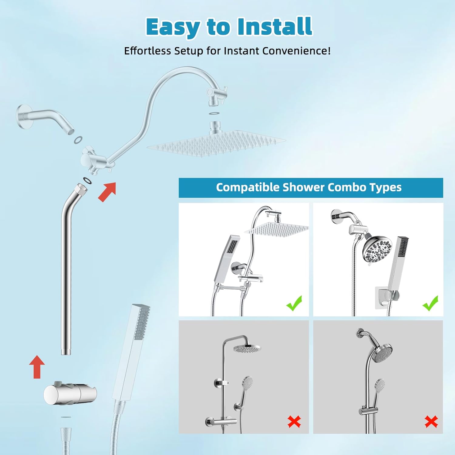 Shower Slide Bar with Handheld Shower Head Holder, Stainless Steel Shower Arm Extension Sliding Bar, Height & Angle Adjustment Showerhead Holder, Chrome - Image 7