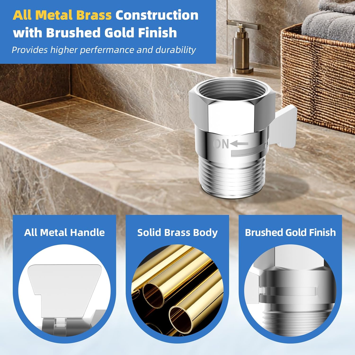 All Metal Shower Head Flow Control Valve, G1/2 Brass Shut-off Valve with Metal Handle Lever, 90 Inch Stainless Steel Extra Long Shower Hose Replacement, Brass Insert & Nut - Image 2