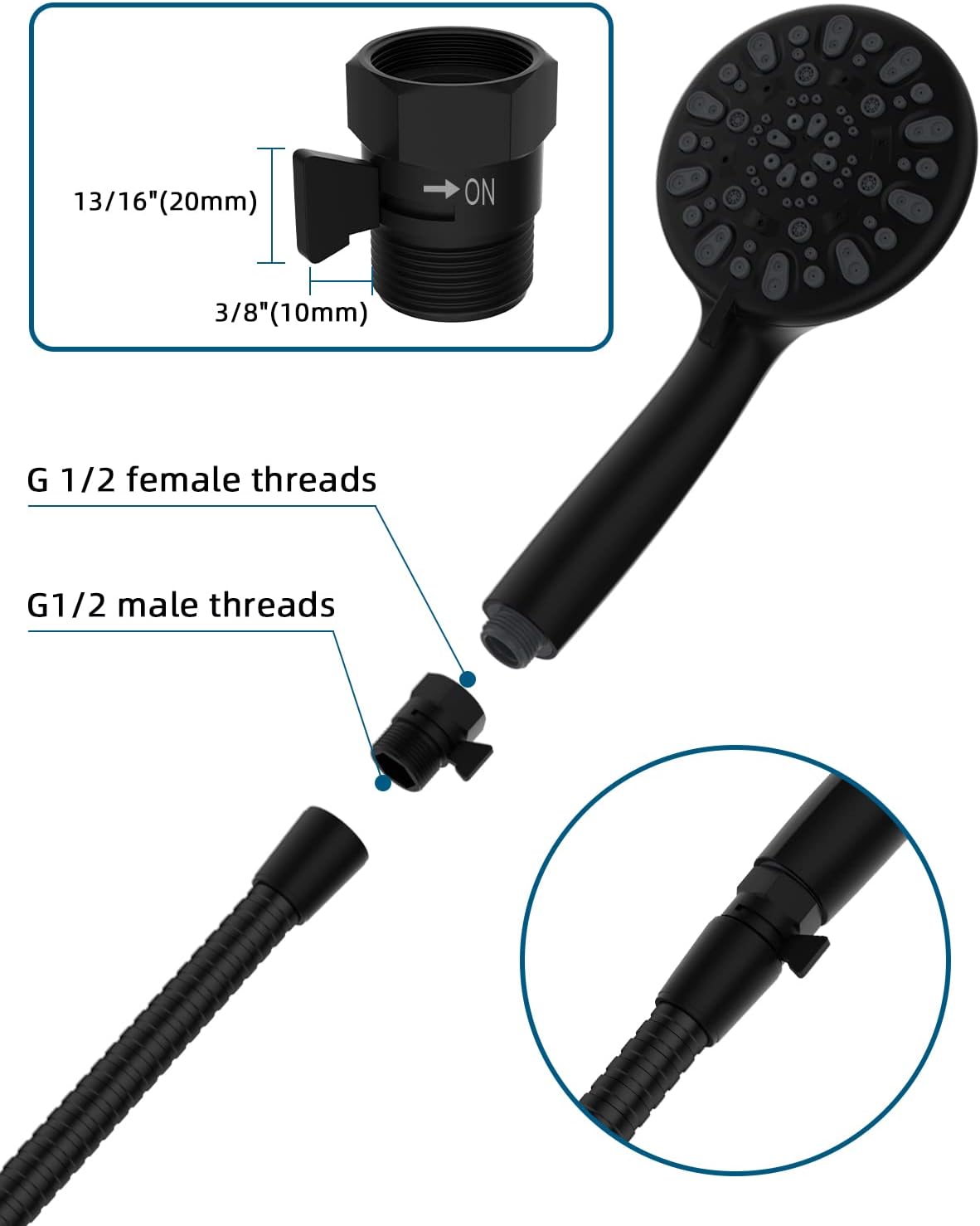All Metal Shower Head Flow Control Valve, G1/2 Brass Shut-off Valve with Metal Handle Lever, with 90 Inch Stainless Steel Extra Long Shower Hose Replacement - Image 3