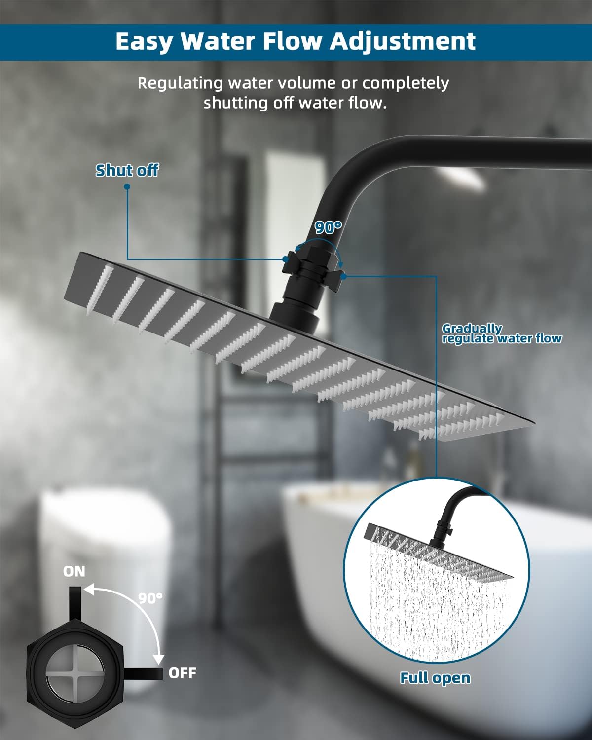 All Metal Shower Head Flow Control Valve, G1/2 Brass Shut-off Valve with Metal Handle Lever, with 90 Inch Stainless Steel Extra Long Shower Hose Replacement - Image 4