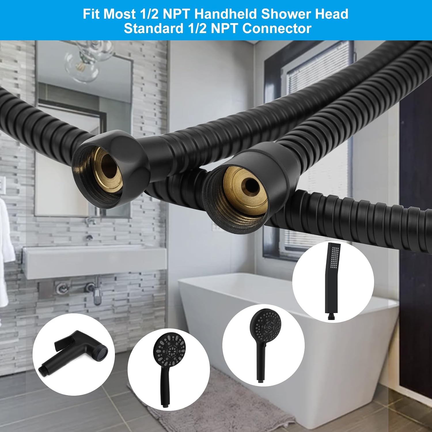 All Metal Shower Head Flow Control Valve, G1/2 Brass Shut-off Valve with Metal Handle Lever, with 90 Inch Stainless Steel Extra Long Shower Hose Replacement - Image 6