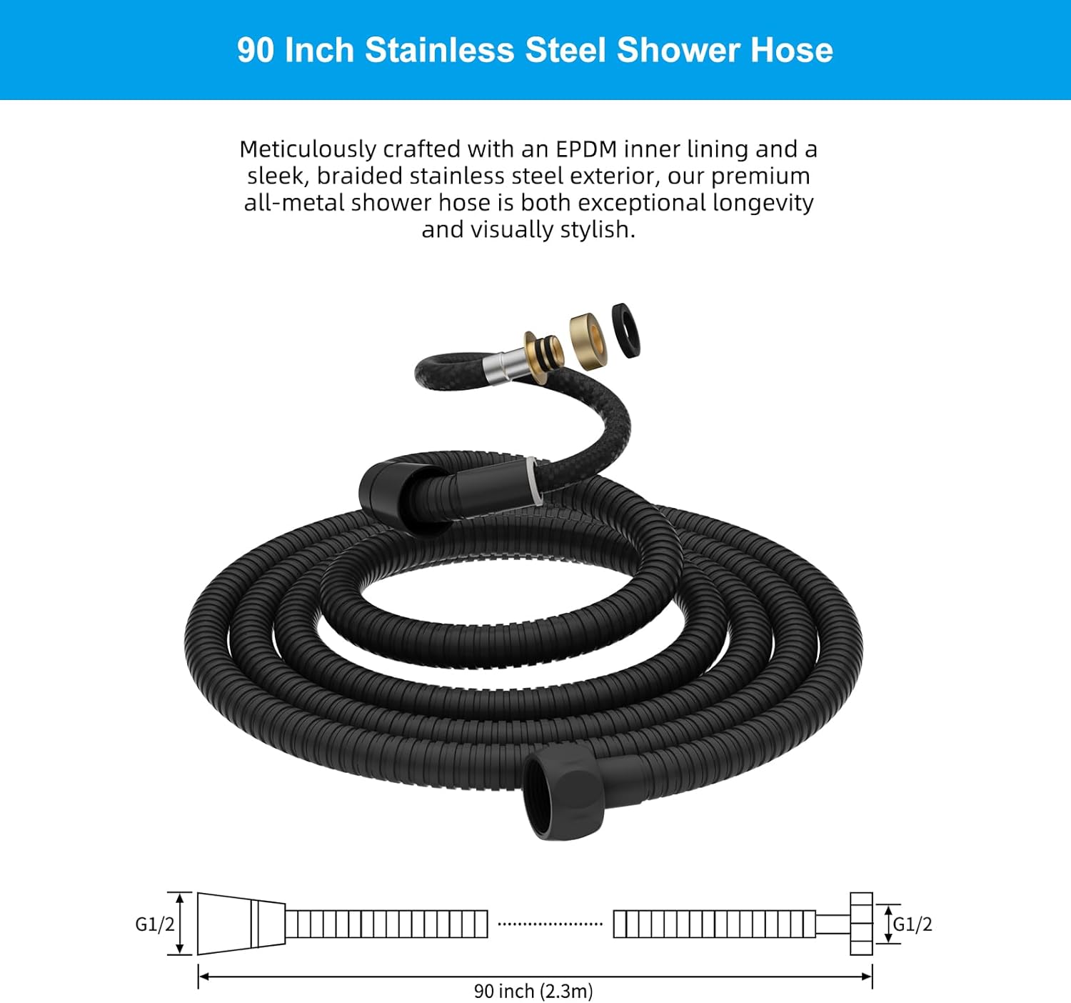 All Metal Shower Head Flow Control Valve, G1/2 Brass Shut-off Valve with Metal Handle Lever, with 90 Inch Stainless Steel Extra Long Shower Hose Replacement - Image 8