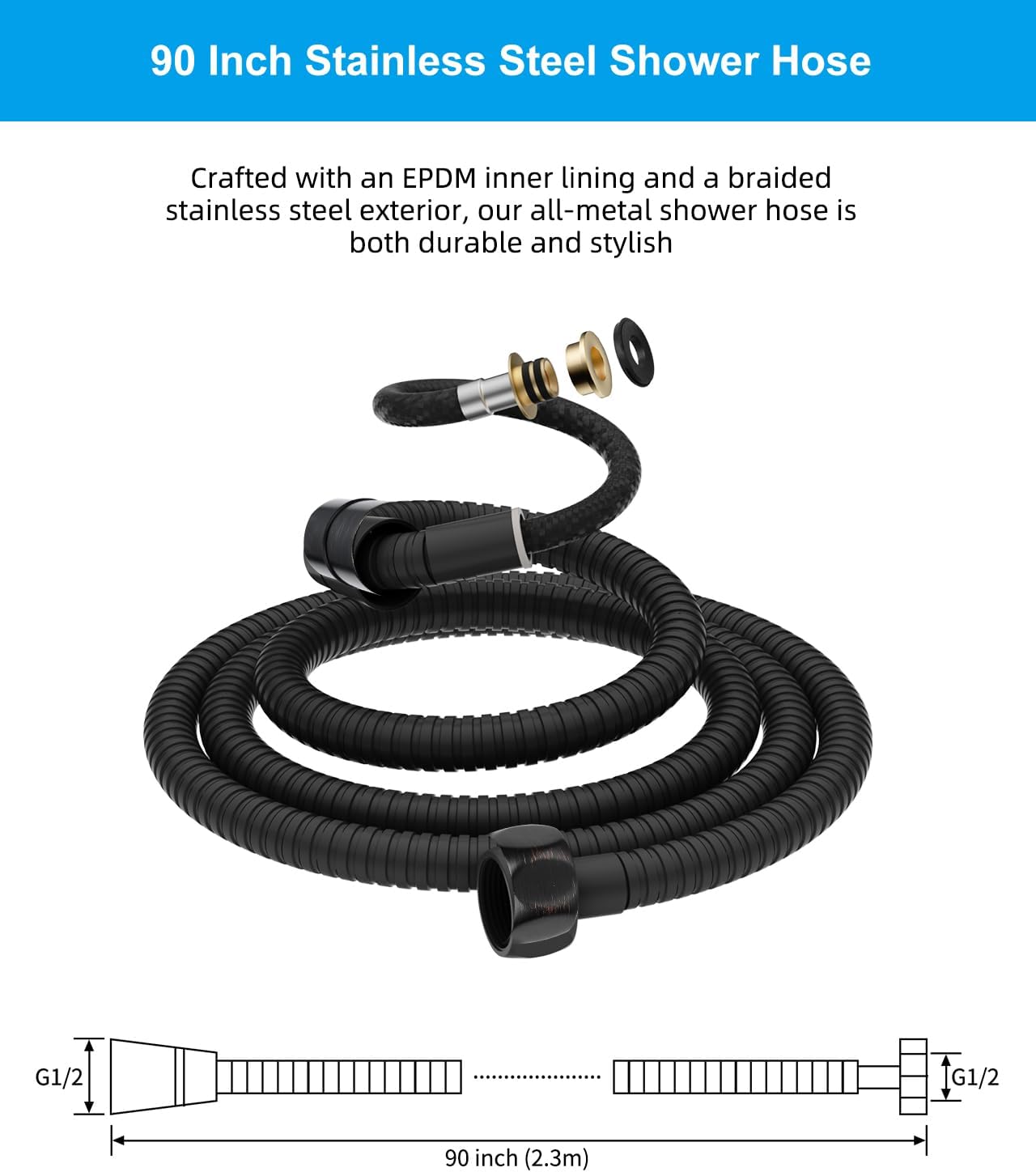 All Metal 90 Inch Stainless Steel Extra Long Shower Hose Replacement, 4 Spray Handheld Showerhead Set, Anti-Twist Handheld Shower Head Hose Extension - Image 7