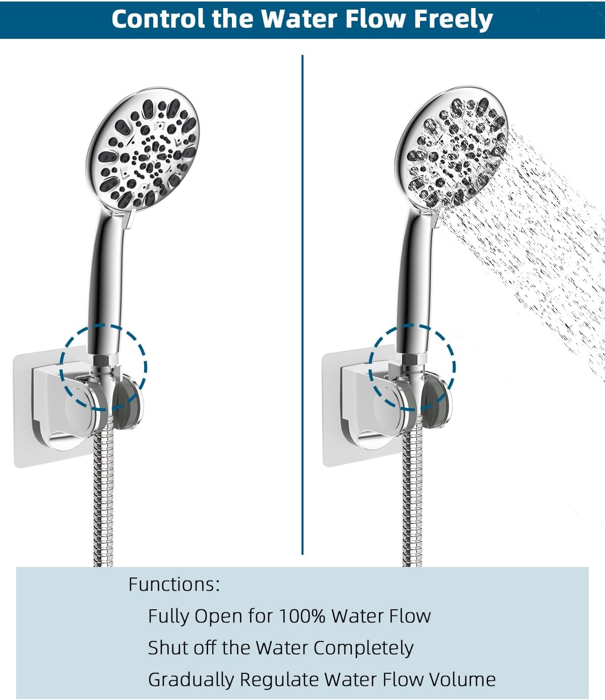 All Metal Shower Head Flow Control Valve with Showerhead Holder, G1/2 Brass Shut-off Valve with Metal Handle Lever, Strong Adhesive and Waterproof Handheld Holder and Bracket, Chrome - Image 4