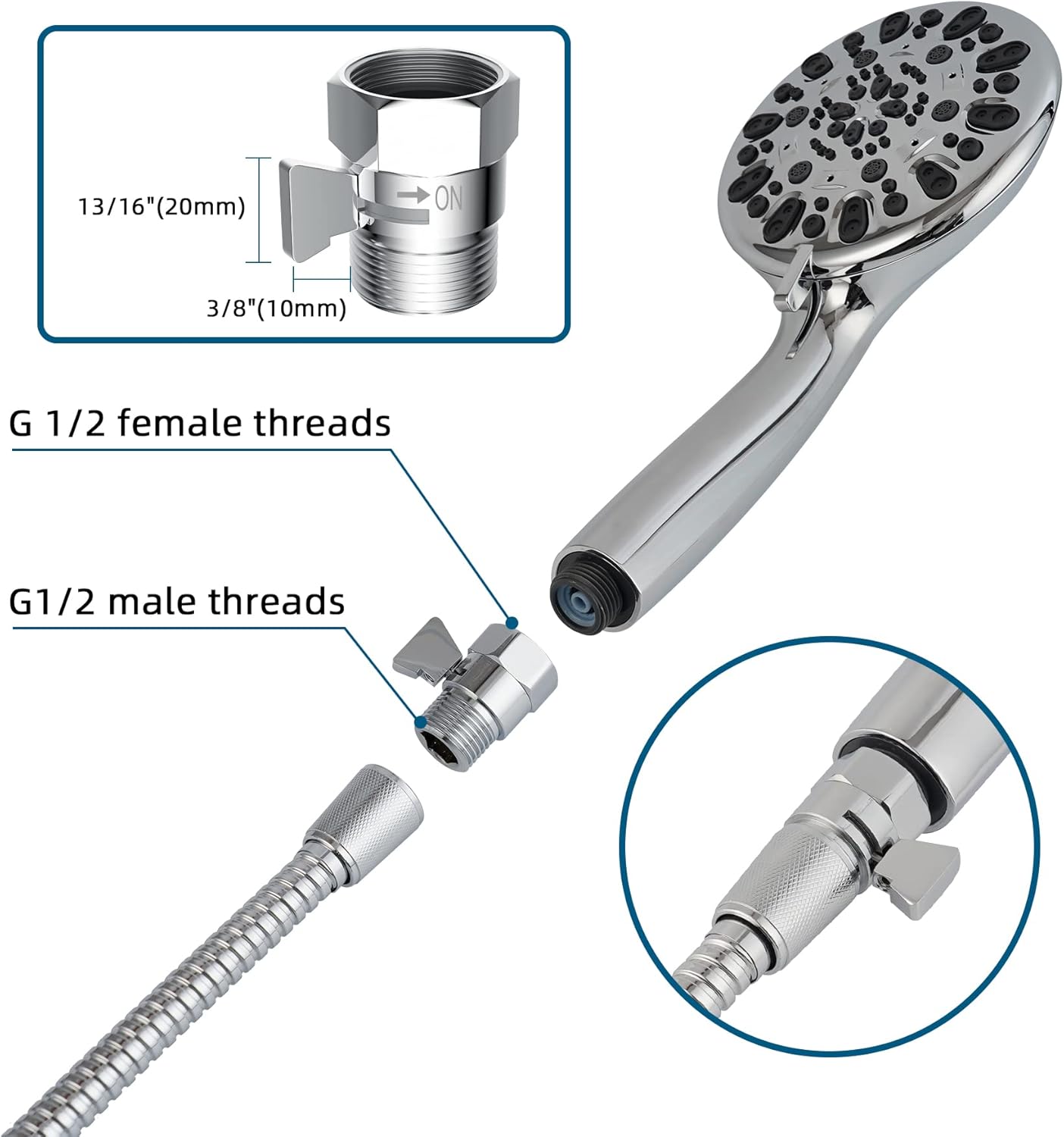 All Metal Shower Head Flow Control Valve with Showerhead Holder, G1/2 Brass Shut-off Valve with Metal Handle Lever, Strong Adhesive and Waterproof Handheld Holder and Bracket, Chrome - Image 5