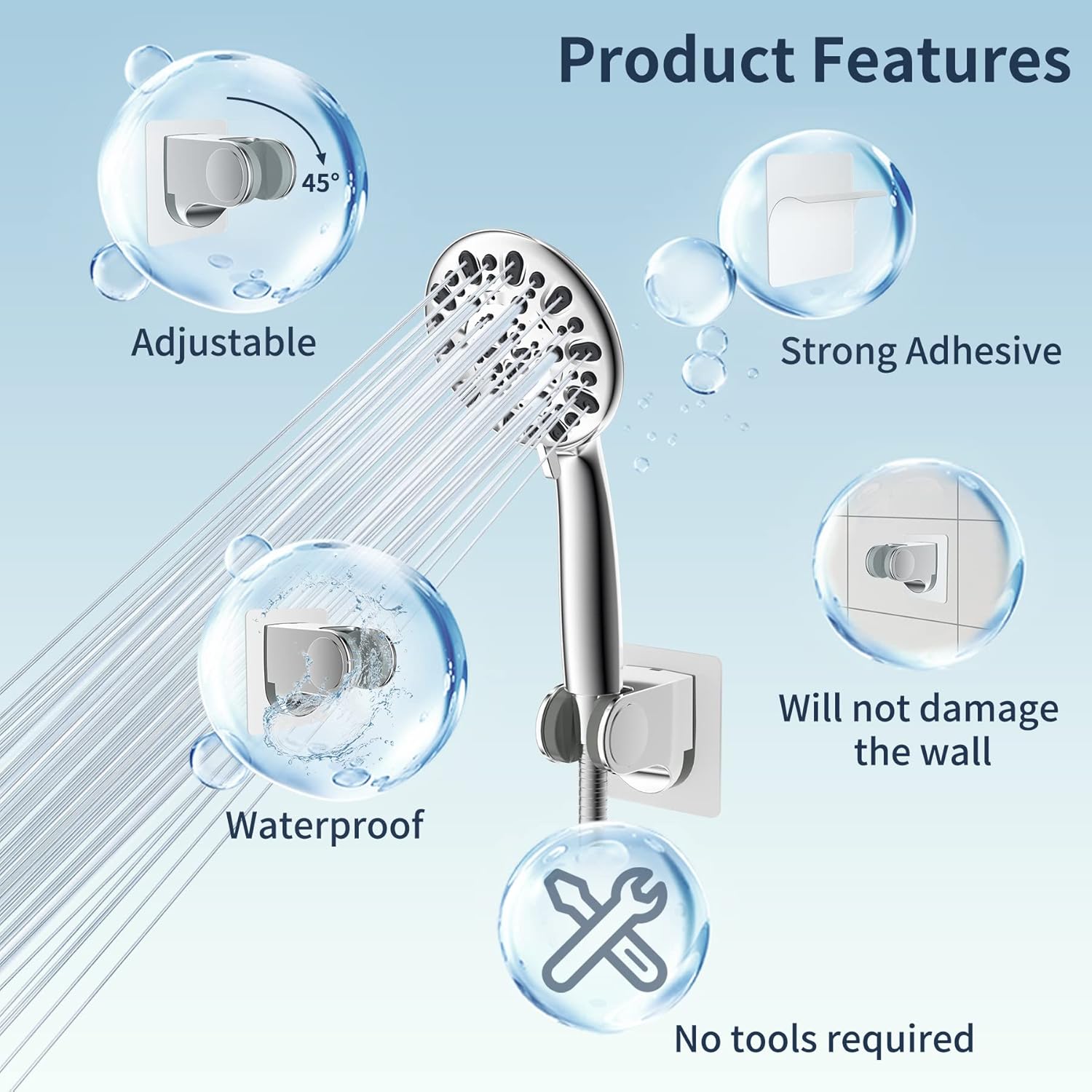 All Metal Shower Head Flow Control Valve with Showerhead Holder, G1/2 Brass Shut-off Valve with Metal Handle Lever, Strong Adhesive and Waterproof Handheld Holder and Bracket, Chrome - Image 6