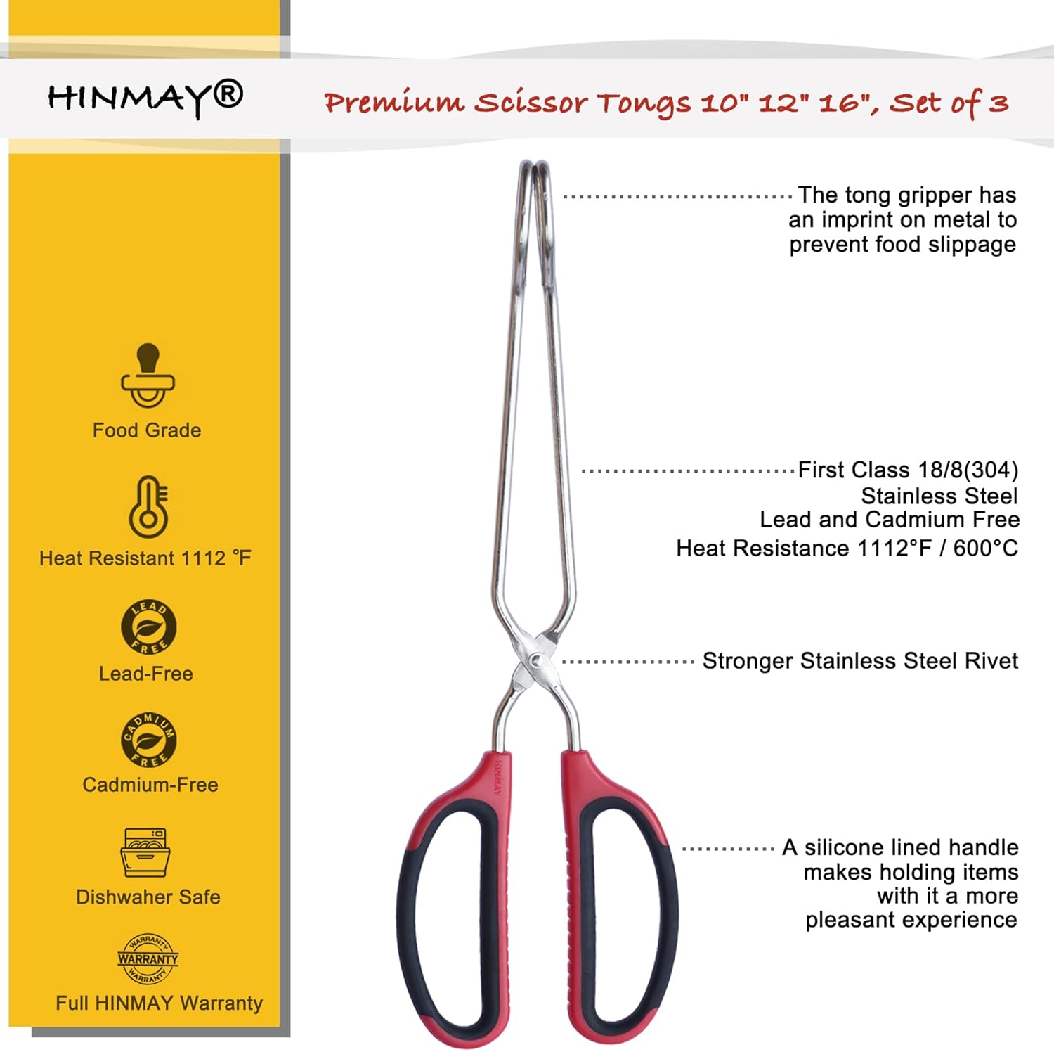 Stainless Steel Kitchen Scissor Tongs Set for Cooking, Grilling & Serving, 3-Piece with Red Handle (10/12/16 Inch) - Image 2
