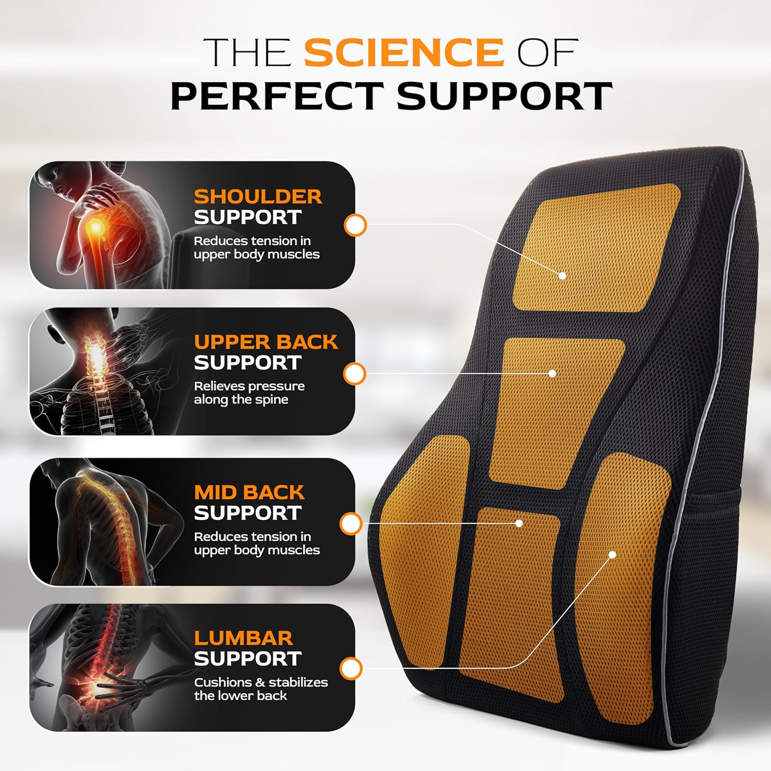 Extra Dense Lumbar Pillow with Double Adjustable Straps - Ergonomic Lumbar Support Pillow for Office Chair, Car, Couch Firm Back Support for Lower Back & Spine Pain Relief Memory Foam Cushion - Image 2