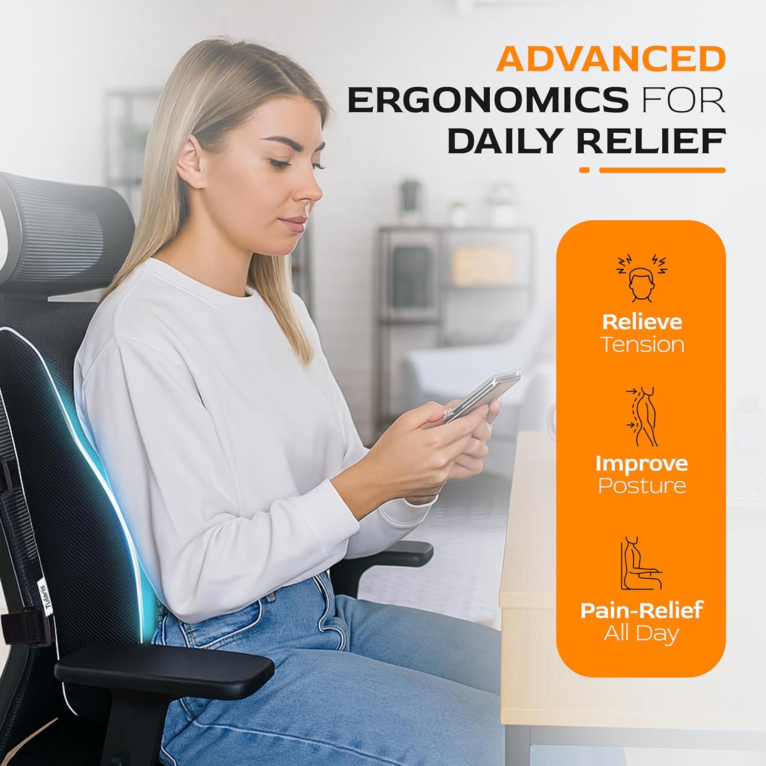Extra Dense Lumbar Pillow with Double Adjustable Straps - Ergonomic Lumbar Support Pillow for Office Chair, Car, Couch Firm Back Support for Lower Back & Spine Pain Relief Memory Foam Cushion - Image 4
