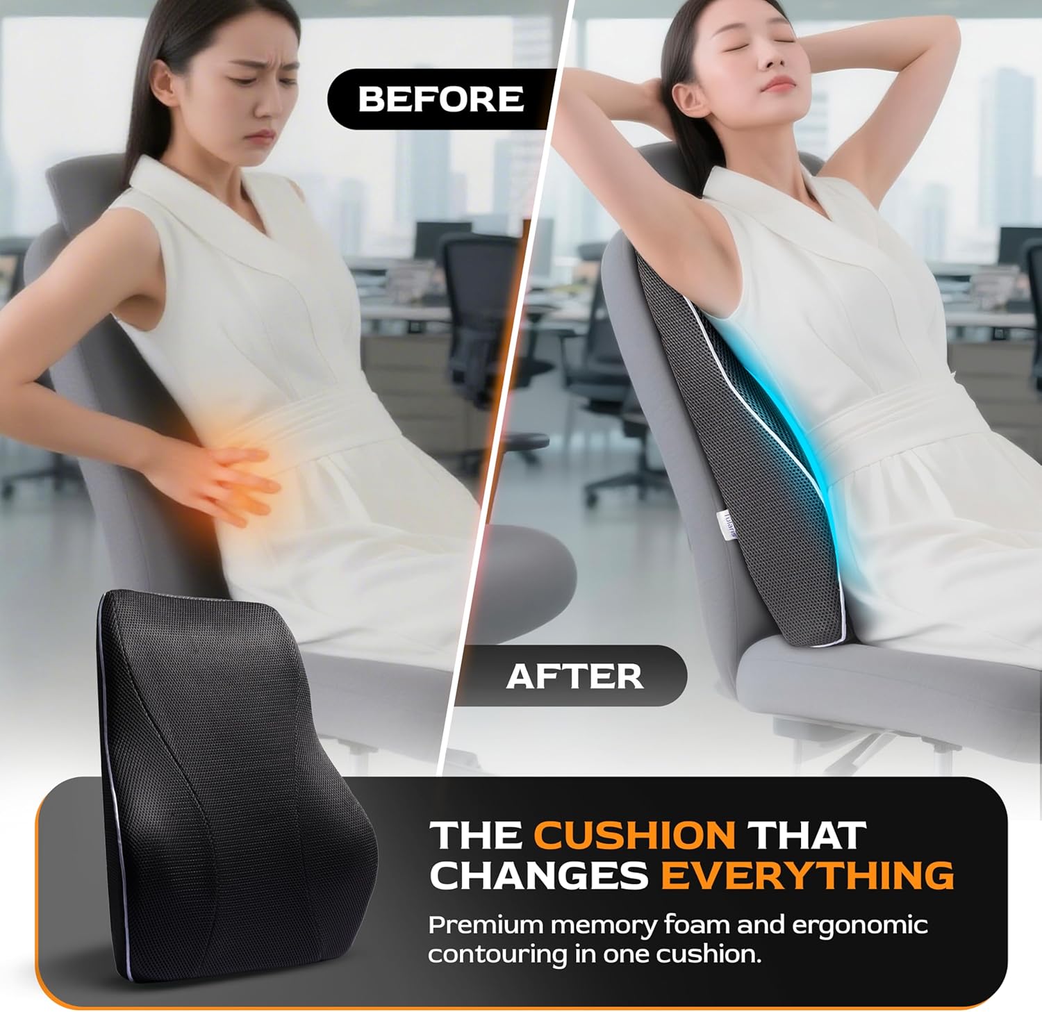 Extra Dense Lumbar Pillow with Double Adjustable Straps - Ergonomic Lumbar Support Pillow for Office Chair, Car, Couch Firm Back Support for Lower Back & Spine Pain Relief Memory Foam Cushion - Image 5