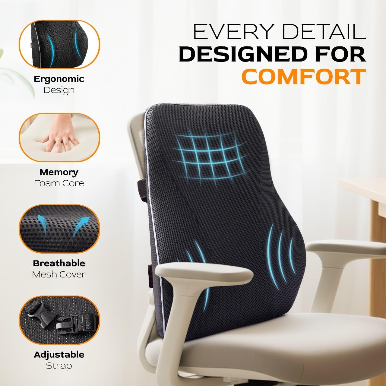 Extra Dense Lumbar Pillow with Double Adjustable Straps - Ergonomic Lumbar Support Pillow for Office Chair, Car, Couch Firm Back Support for Lower Back & Spine Pain Relief Memory Foam Cushion - Image 6