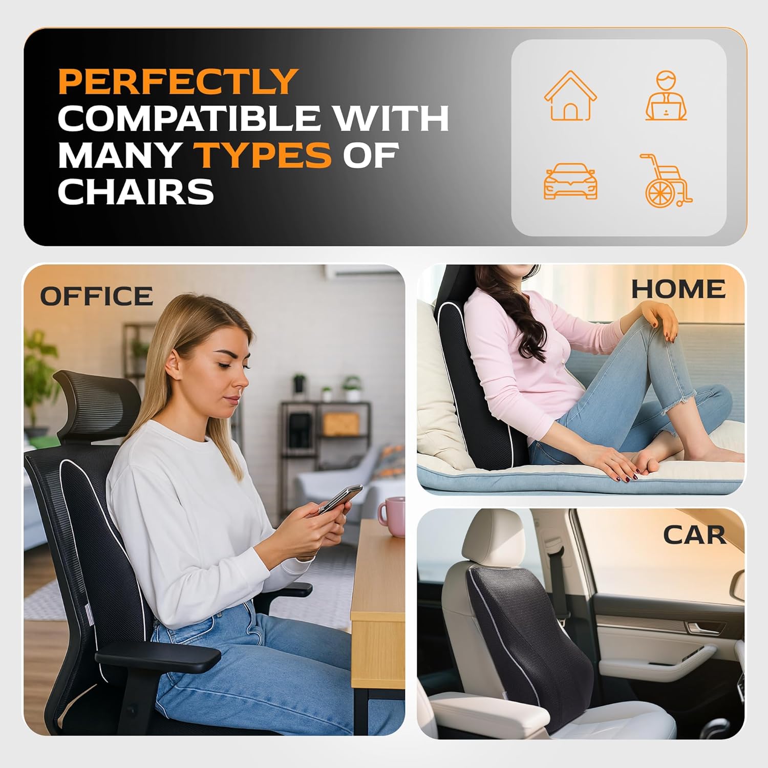 Extra Dense Lumbar Pillow with Double Adjustable Straps - Ergonomic Lumbar Support Pillow for Office Chair, Car, Couch Firm Back Support for Lower Back & Spine Pain Relief Memory Foam Cushion - Image 8