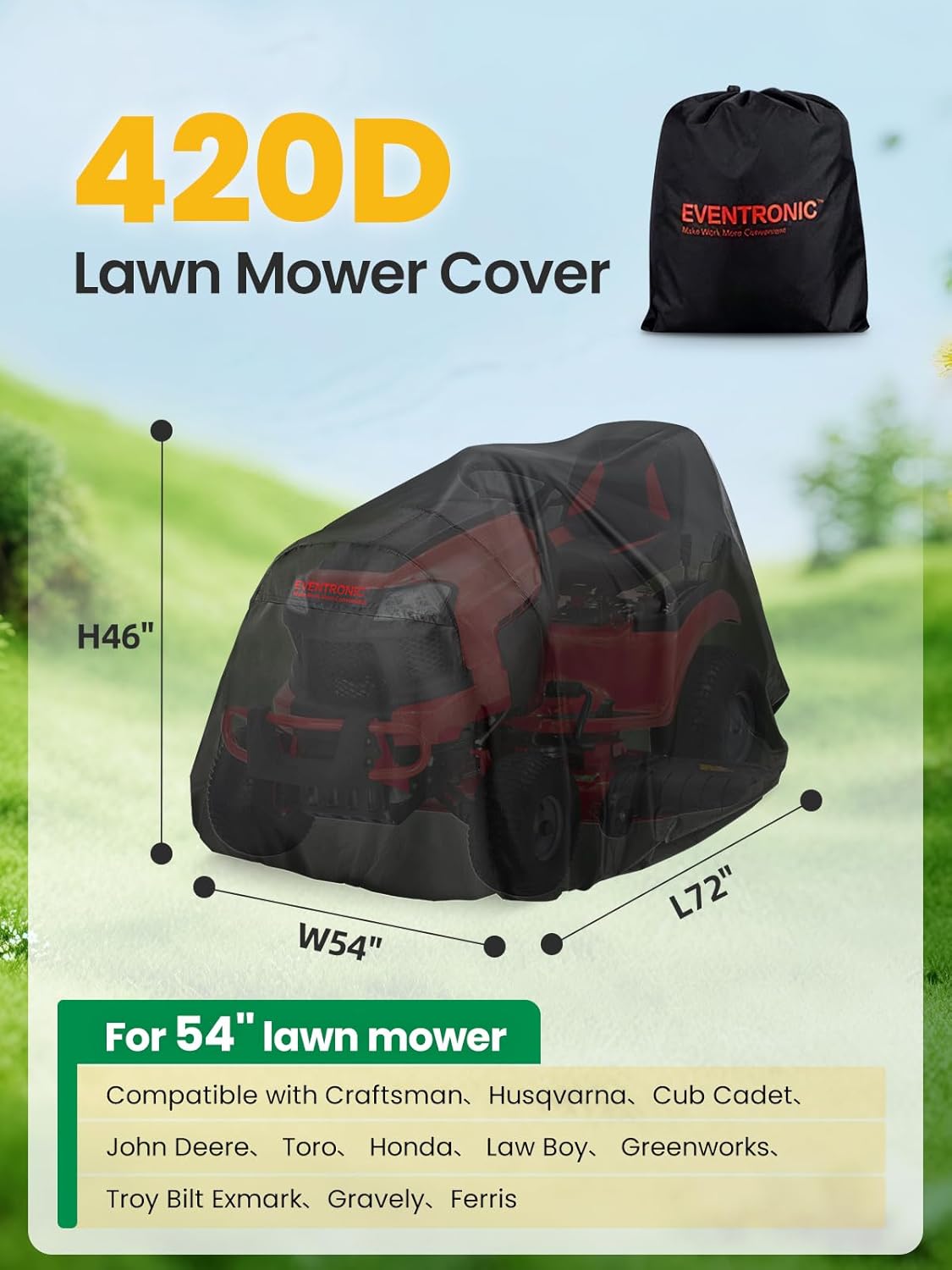 Riding Lawn Mower Cover,  54“ Riding Lawn Tractor Cover Waterproof Heavy Duty Durable (420D-polyester oxford) - Image 2