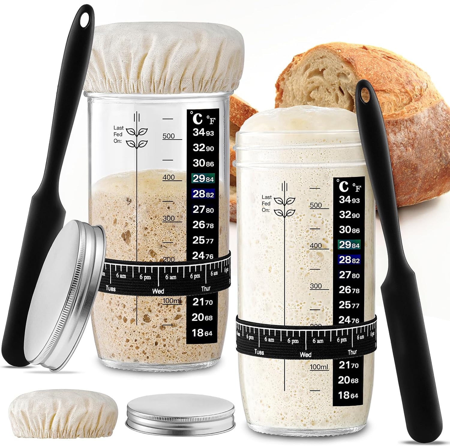 Glass Sourdough Starter Jar 2 Pack, 24 oz Wide Mouth Organic Sourdough Starter Kit with Date Marked Band, Thermometer, Cloth Cover & Metal Lid, Reusable Bread Baking Supplies, Bread Making Accessories - Image 1