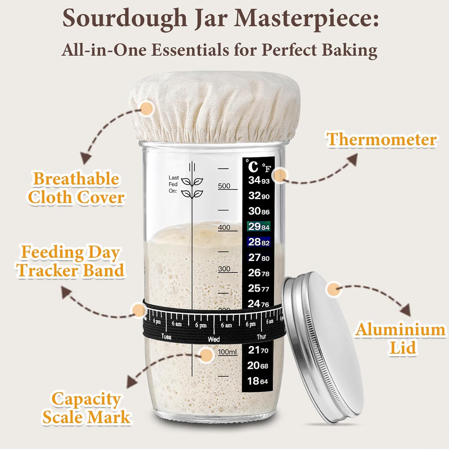 Glass Sourdough Starter Jar 2 Pack, 24 oz Wide Mouth Organic Sourdough Starter Kit with Date Marked Band, Thermometer, Cloth Cover & Metal Lid, Reusable Bread Baking Supplies, Bread Making Accessories - Image 2