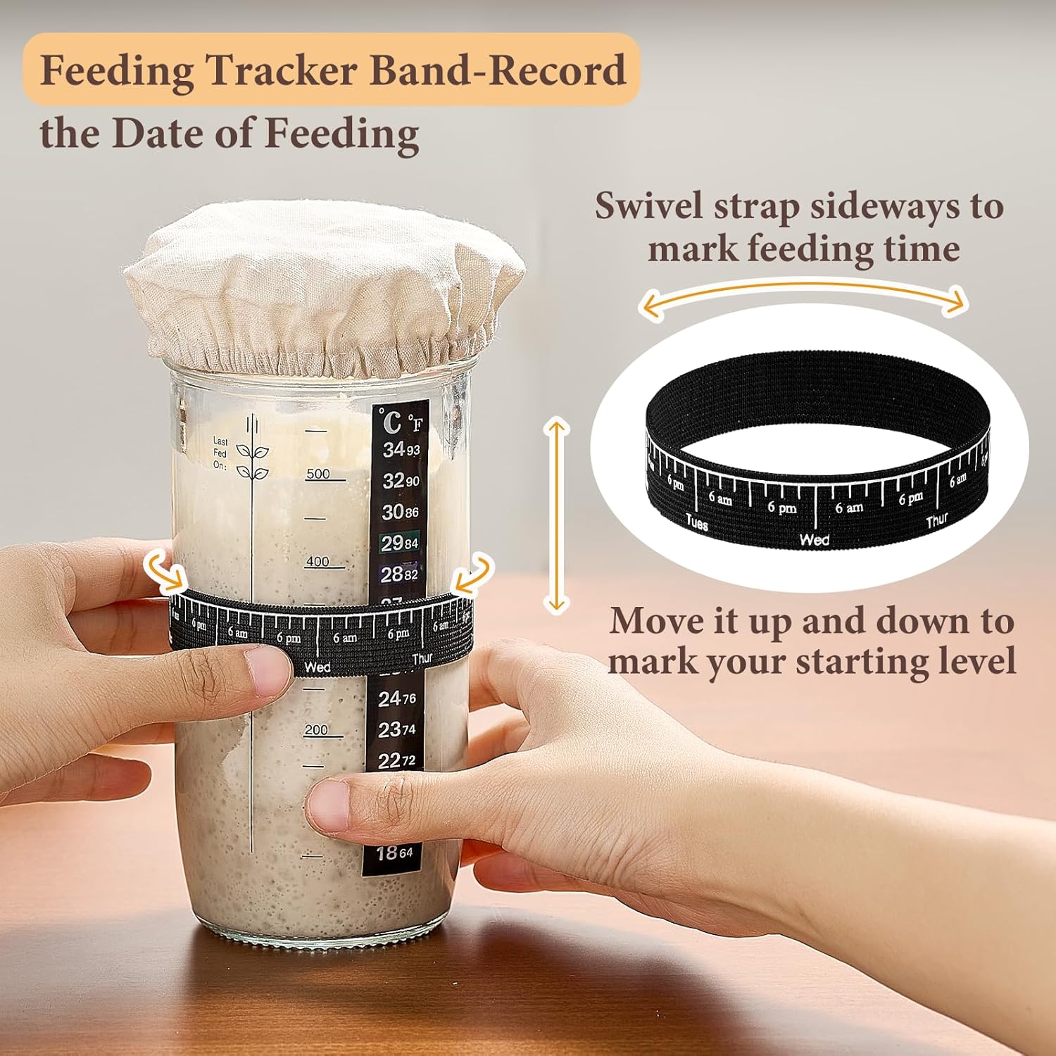 Glass Sourdough Starter Jar 2 Pack, 24 oz Wide Mouth Organic Sourdough Starter Kit with Date Marked Band, Thermometer, Cloth Cover & Metal Lid, Reusable Bread Baking Supplies, Bread Making Accessories - Image 3