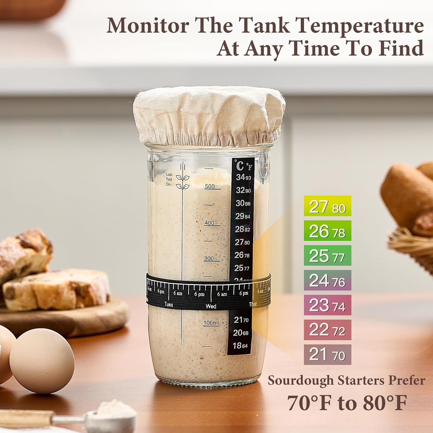 Glass Sourdough Starter Jar 2 Pack, 24 oz Wide Mouth Organic Sourdough Starter Kit with Date Marked Band, Thermometer, Cloth Cover & Metal Lid, Reusable Bread Baking Supplies, Bread Making Accessories - Image 4