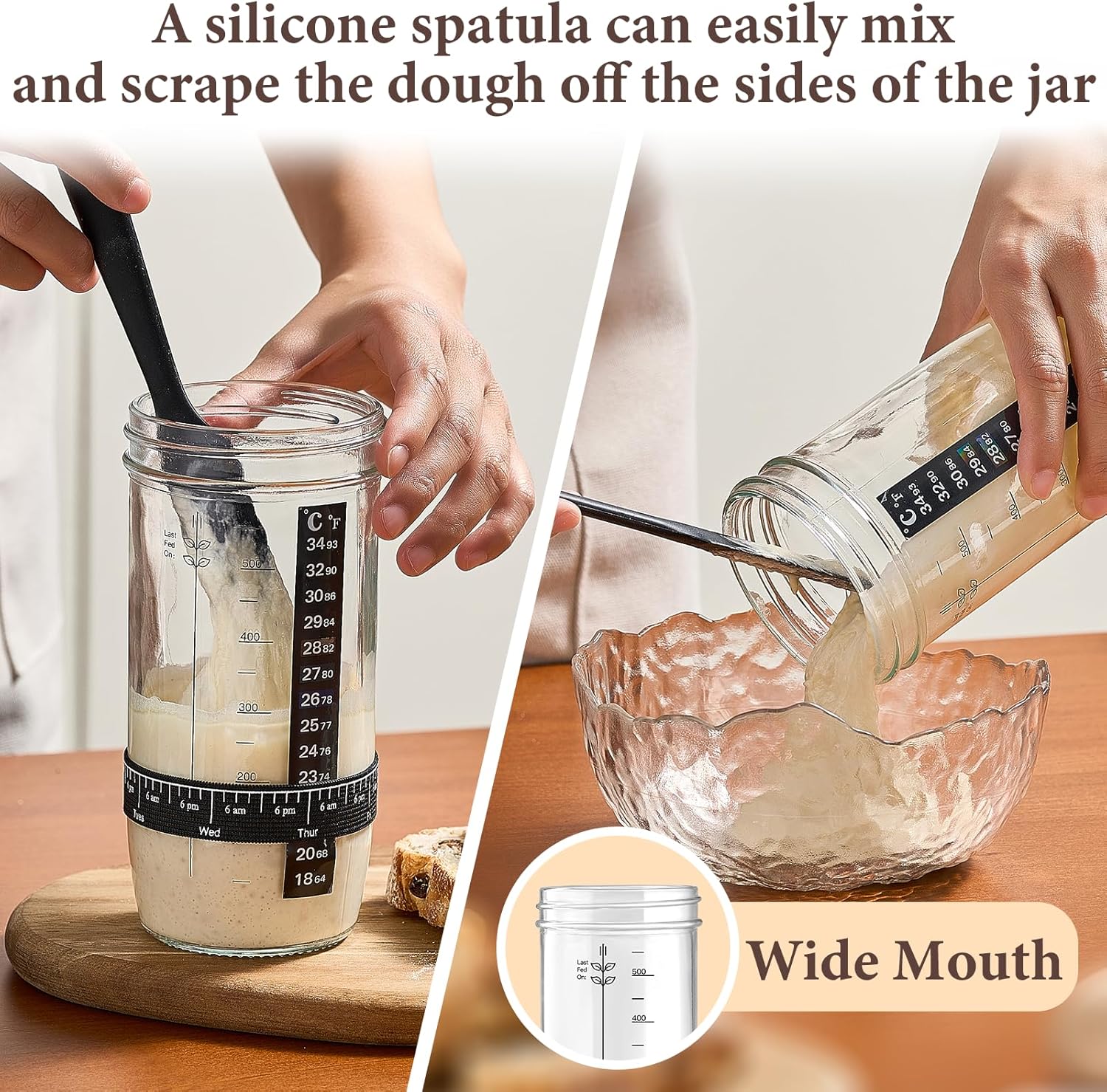Glass Sourdough Starter Jar 2 Pack, 24 oz Wide Mouth Organic Sourdough Starter Kit with Date Marked Band, Thermometer, Cloth Cover & Metal Lid, Reusable Bread Baking Supplies, Bread Making Accessories - Image 5