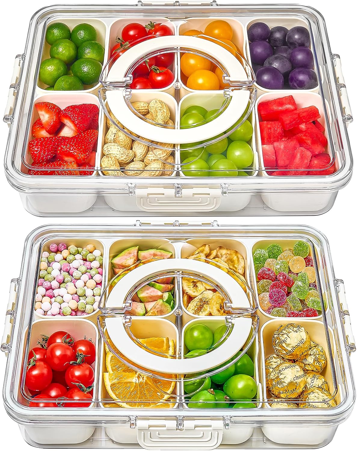 Snackle Box Container, 2 Pack Divided Serving Tray with Lid and Handle, Snack Box Charcuterie Container for Portable Snack Platters, Clear Organizer for Candy, Fruits, Travel, Party, Picnic - Image 1