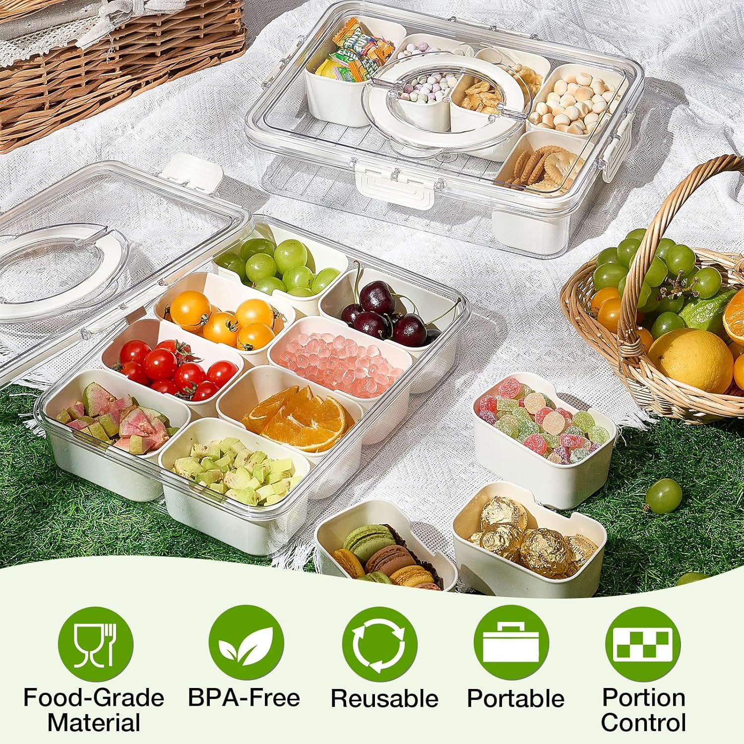 Snackle Box Container, 2 Pack Divided Serving Tray with Lid and Handle, Snack Box Charcuterie Container for Portable Snack Platters, Clear Organizer for Candy, Fruits, Travel, Party, Picnic - Image 2