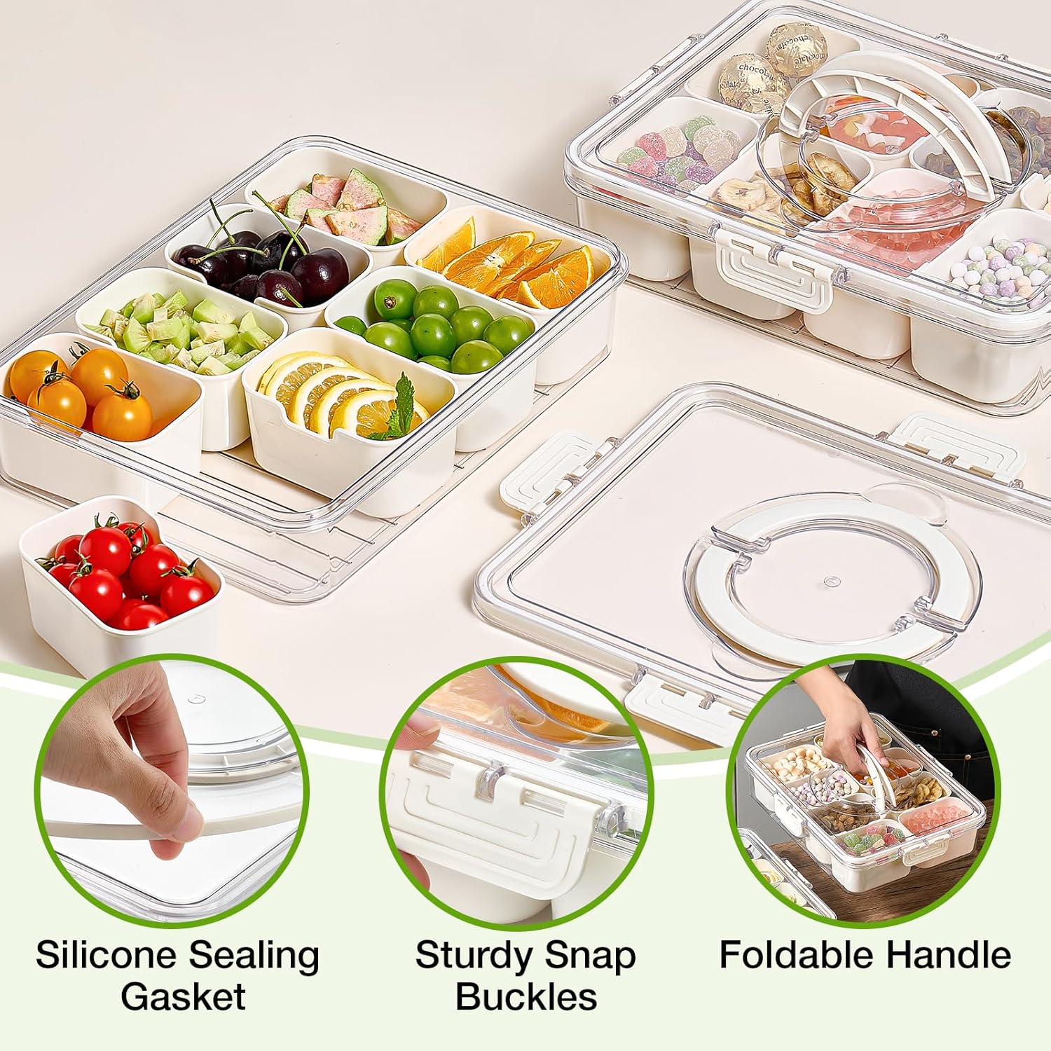 Snackle Box Container, 2 Pack Divided Serving Tray with Lid and Handle, Snack Box Charcuterie Container for Portable Snack Platters, Clear Organizer for Candy, Fruits, Travel, Party, Picnic - Image 5
