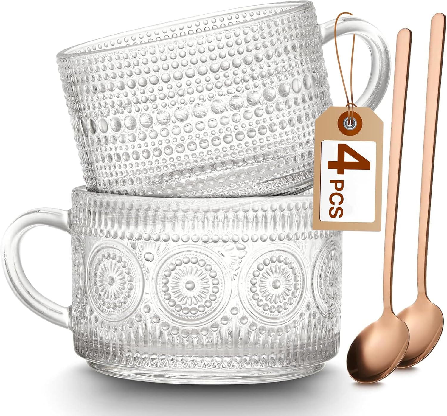 Vintage Coffee Mugs Set of 2, 14 oz Embossed Glass Cups with Handle, Clear Cups for Cappuccino, Latte, Cereal, Yogurt, Milk, Hot or Cold Beverages - Image 1
