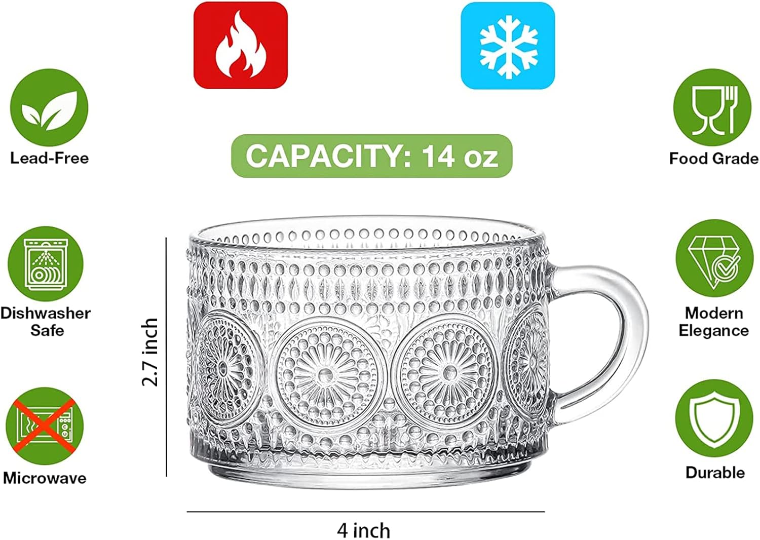 Vintage Coffee Mugs Set of 2, 14 oz Embossed Glass Cups with Handle, Clear Cups for Cappuccino, Latte, Cereal, Yogurt, Milk, Hot or Cold Beverages - Image 2