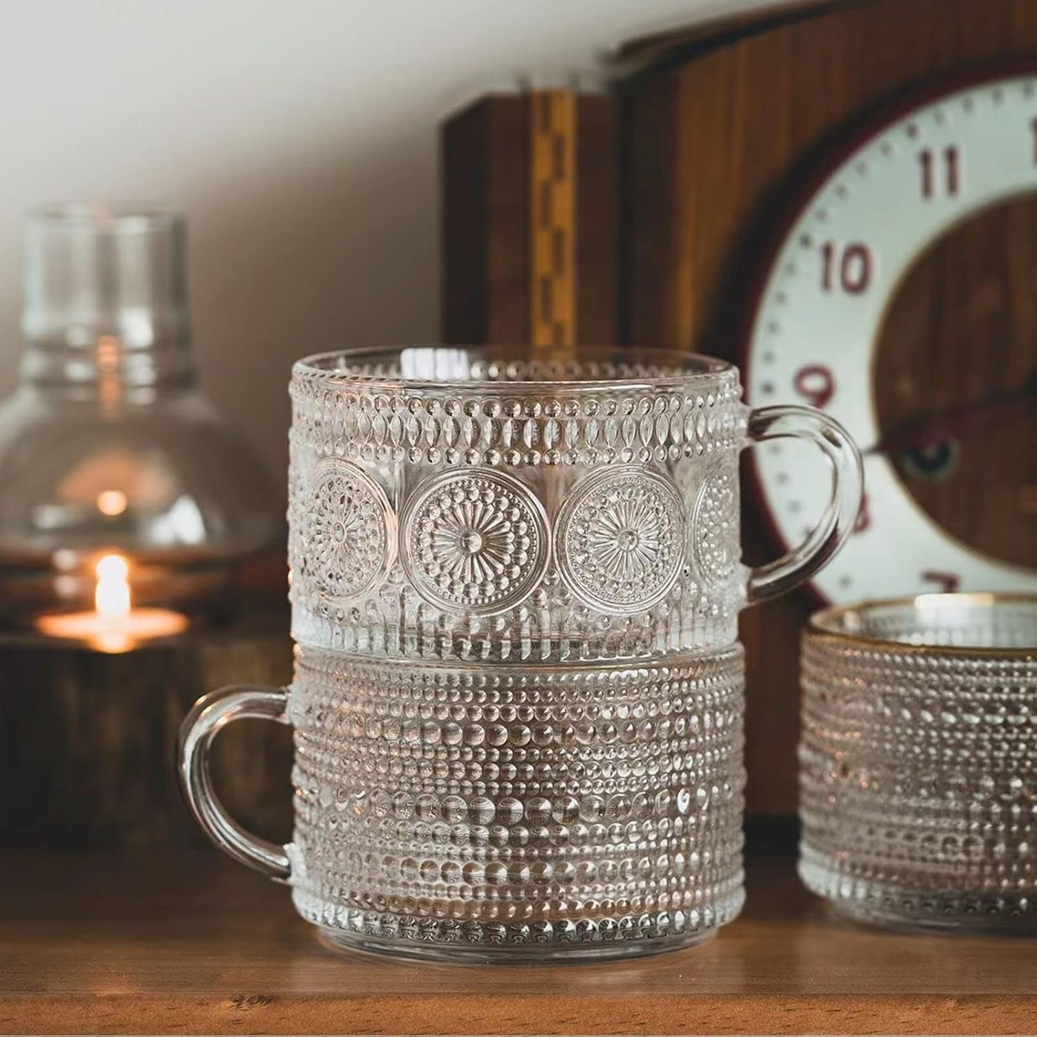 Vintage Coffee Mugs Set of 2, 14 oz Embossed Glass Cups with Handle, Clear Cups for Cappuccino, Latte, Cereal, Yogurt, Milk, Hot or Cold Beverages - Image 4