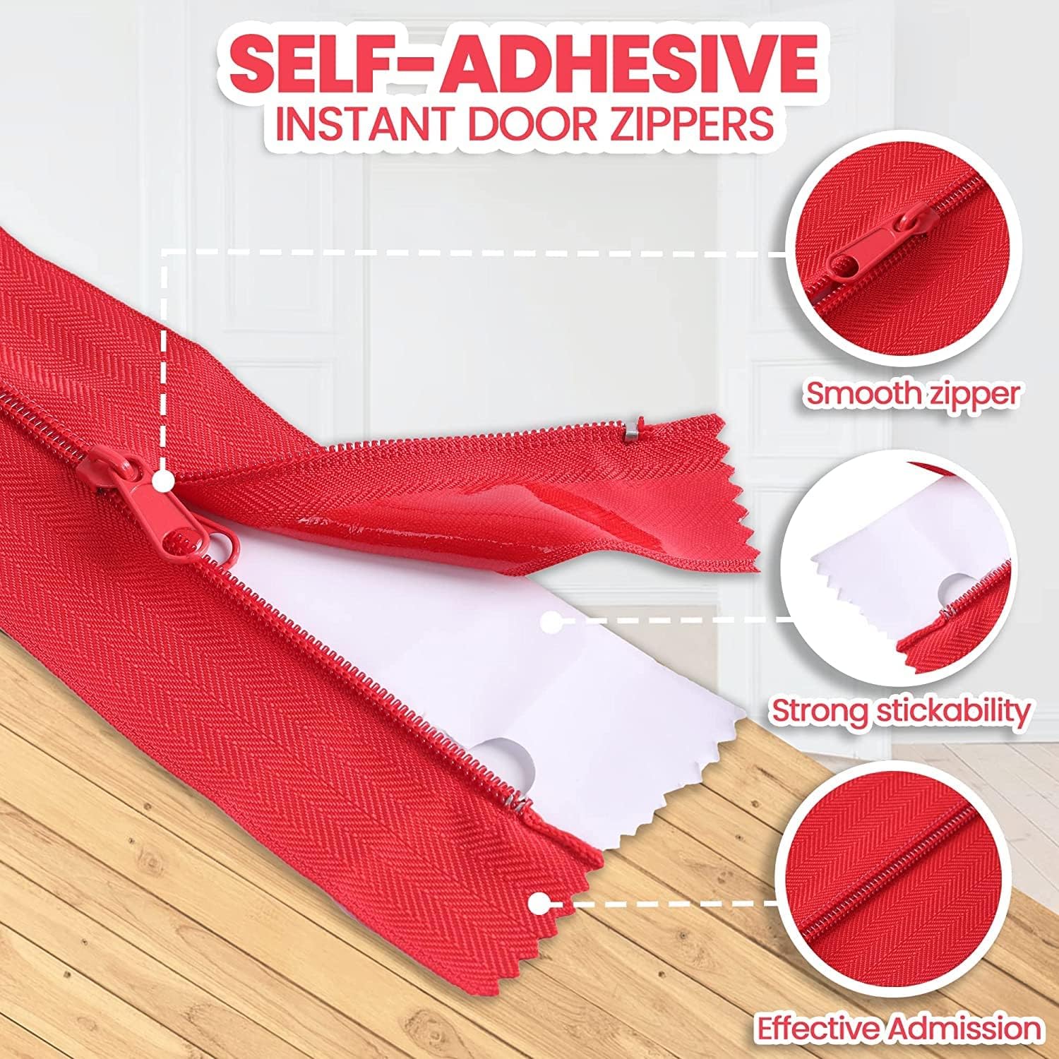 4-Pack Heavy-Duty Dust Protector Zipper (Red) - Self-Adhesive Instant Door Zipper - 7 Ft Length x 3