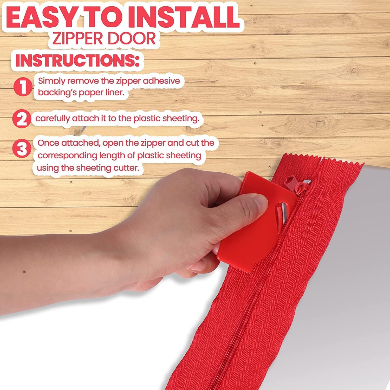 4-Pack Heavy-Duty Dust Protector Zipper (Red) - Self-Adhesive Instant Door Zipper - 7 Ft Length x 3