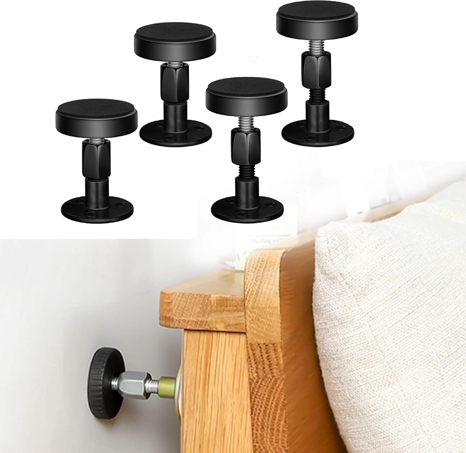 Adjustable Threaded Bed Frame Anti-Shake Tool, Headboard Stoppers, Bedside Anti Shake Tool for Beds Cabinets Sofas, 4PCs, 30-68mm (Black) - Image 1
