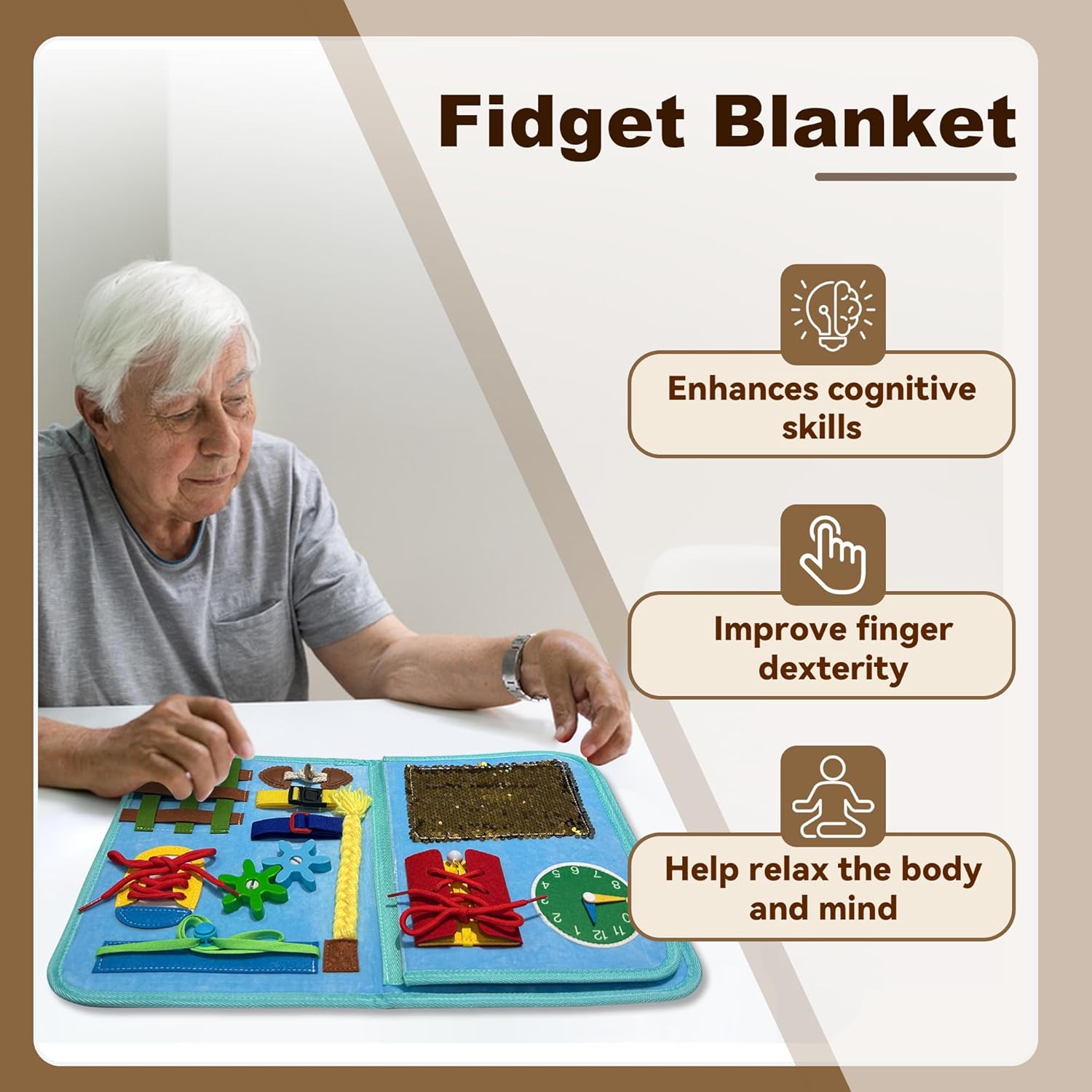 Blue Fidget Blanket for Dementia Patients | Dementia Activities for Seniors | Fidget Blanket for Adults with Dementia , Busy Blanket for Dementia Patients, 12*20 in - Image 2