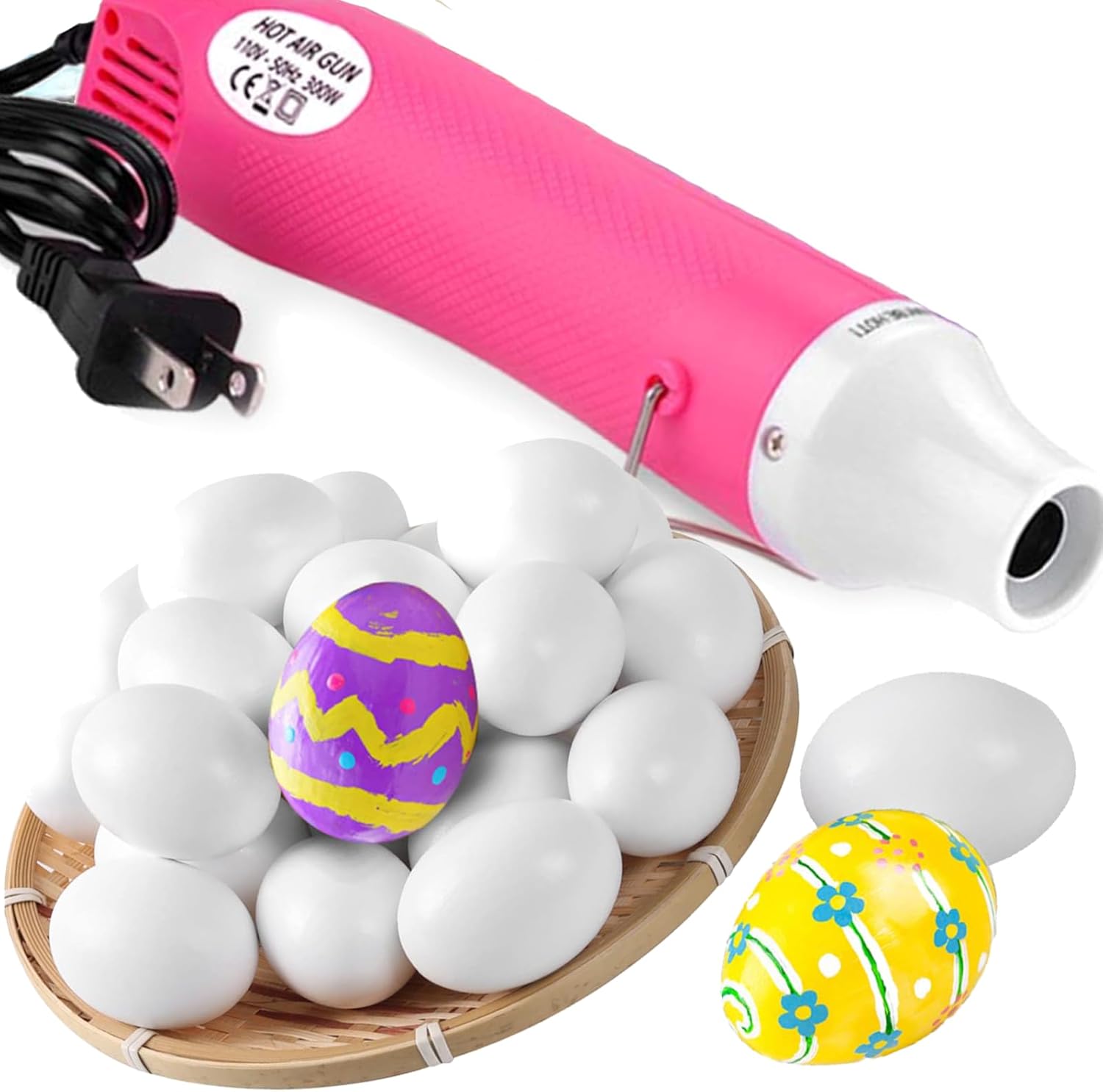 Pink Heat Gun for Crafts and (24-Pack) Hyper-Realistic White Wooden Eggs for Painting - Image 1