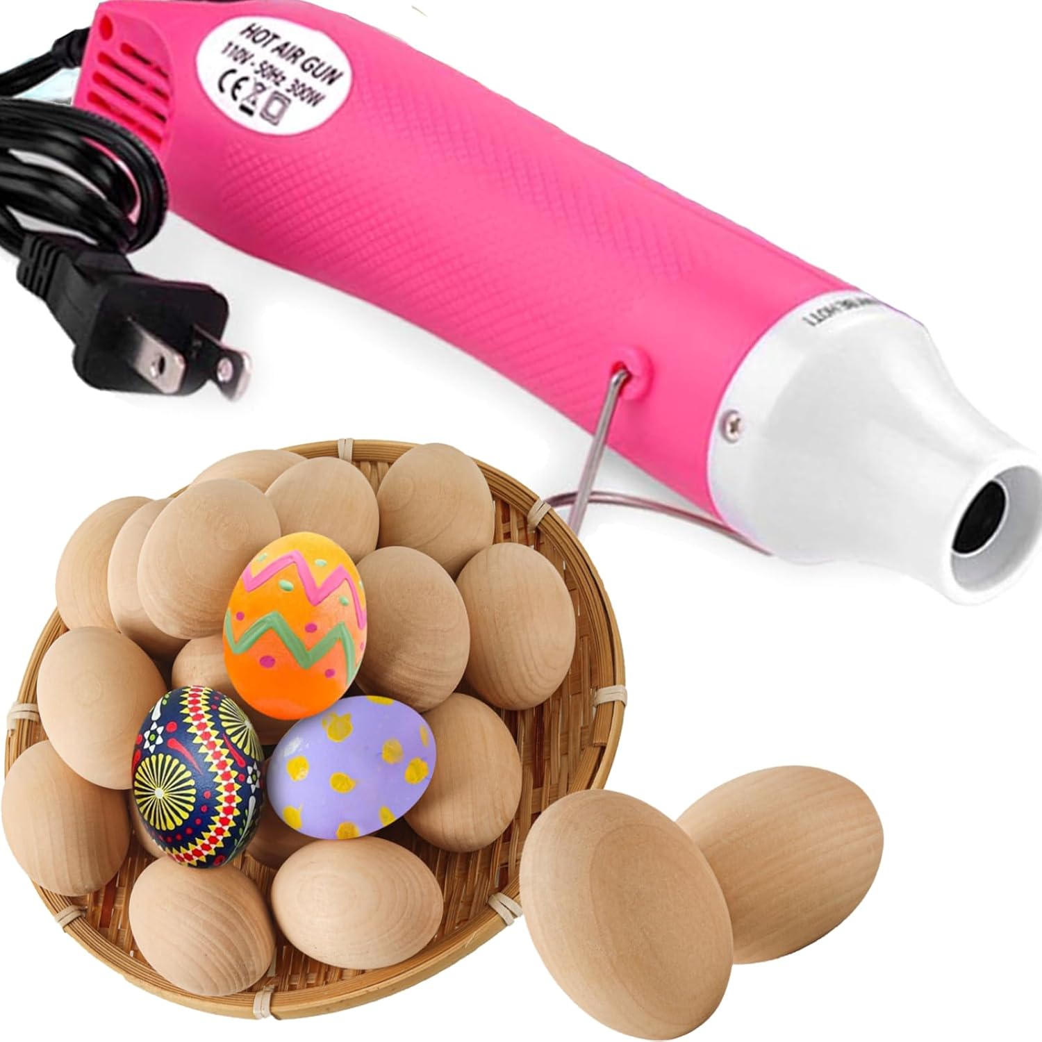 Pink Heat Gun for Crafts and (24-Pack) Easter Eggs Life-Size Wooden Egg for Painting - Image 1
