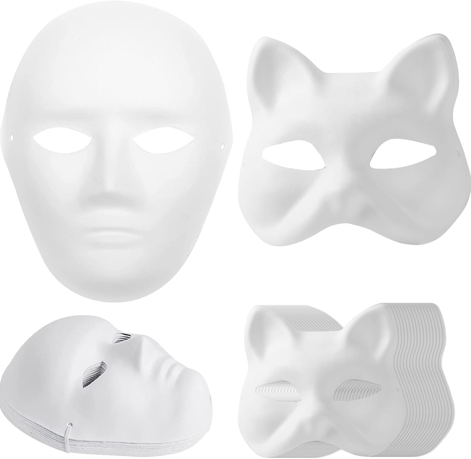 14-Pack Paper Mache Masks (2 Sizes) & 16-Pack Cat Mask White Blank for Party, Cosplay, Artistic Projects, Theater, Halloween, Masquerade Parties, Classroom Art - Image 1