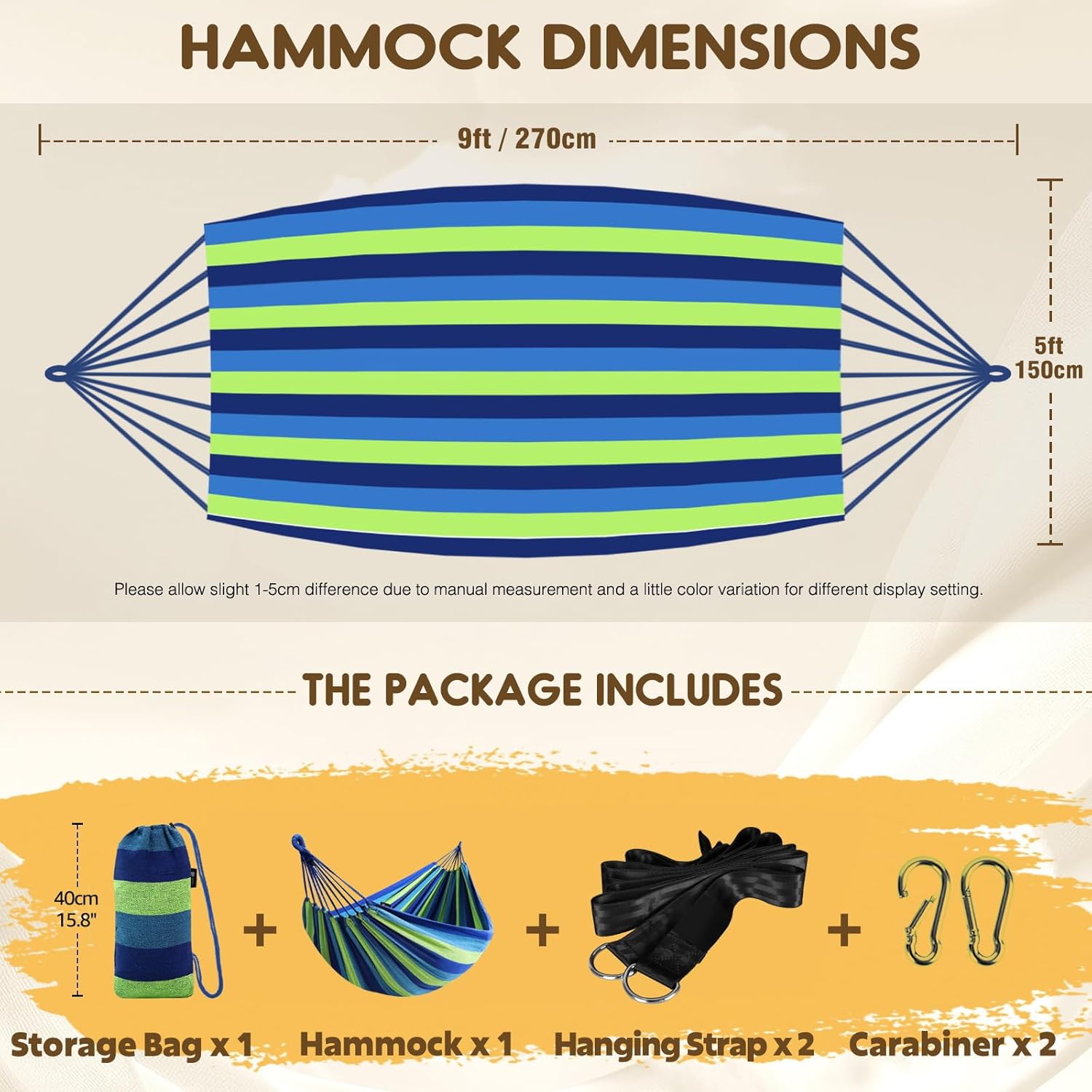 Cotton Hammock Portable Camping Hammocks for Hanging Sturdy Garden Comfortable Fabric Hammock with Tree Straps Up to 660lbs with Travel Bag for Camping Outdoor/Indoor Patio Backyard - Image 2